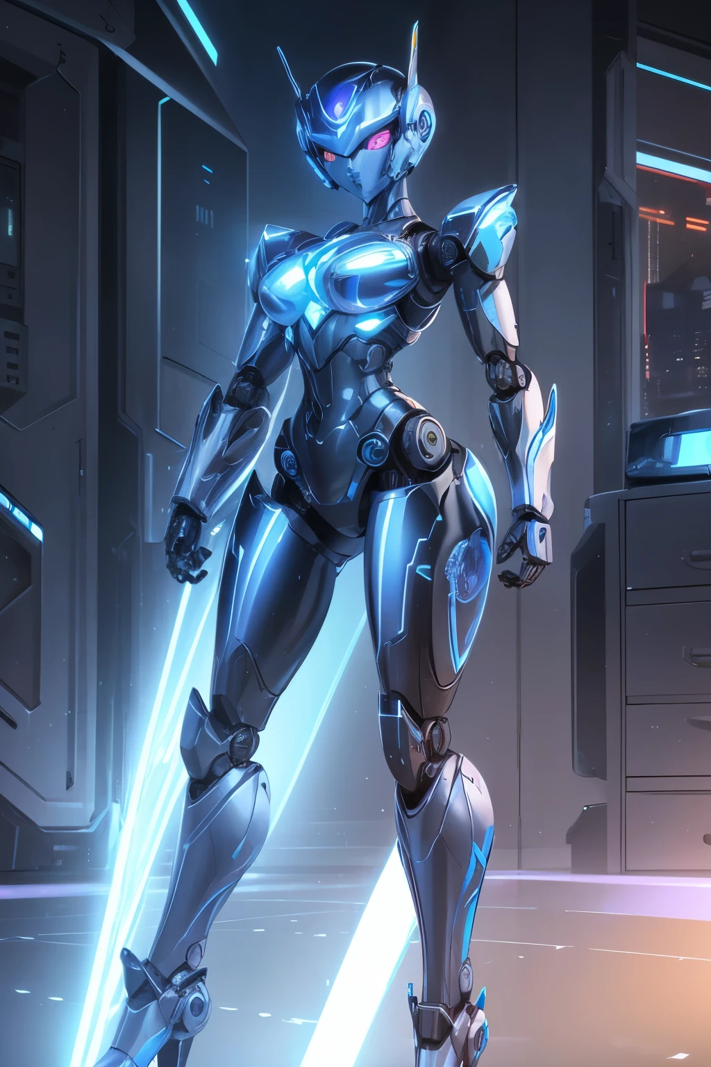 best quality, 32k, RAW photo, incredibly absurdres, extremely detailed, robot with a beautiful form and seamless shiny iridescent chrome plating, blue led eyes, female