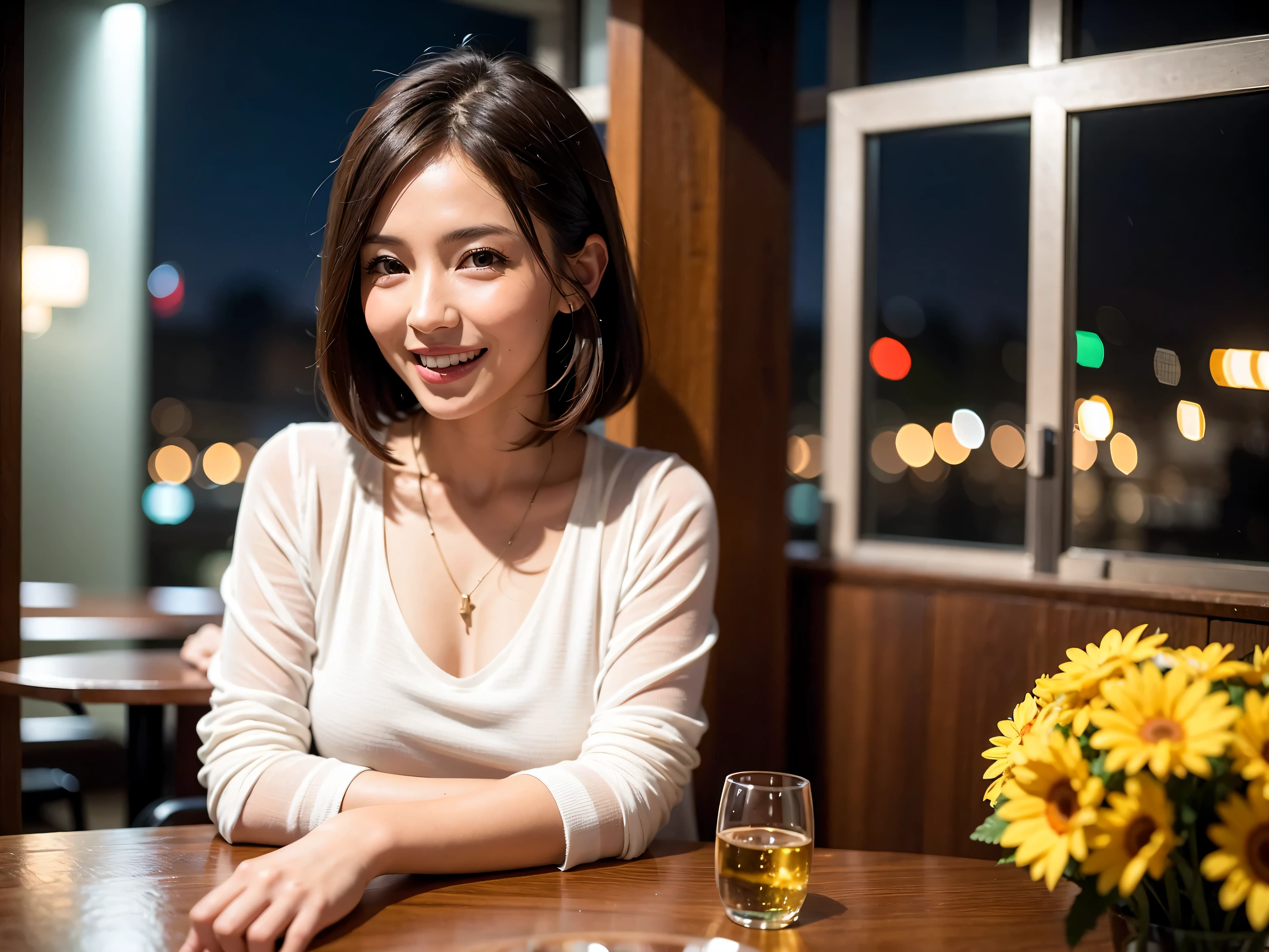 64k, UHD, highest quality, masterpiece: 1.2), (realistic, photorealistic: 1.37), Super detailed, slimな美女3名, (slimフェイス),Happy、 最高なsmile、Fox Face、Berry Short、(because I'thin), (brown hair), (shortcut), long sleeve shirt、winter fashion、Colombia、Brazilian、Japanese、Dutch、German、Portuguese、Belgian、Italian、french,champagne、Sparkling wine、 (gush), (slimボティ), (brown hair), (shortcut), Neat beauty、cheeks blush a little, (35 years old), 38 years old, alone, A beautiful and detailed night view spreads out outside the window..., restaurant, wine glassが座っている, At night, in a prominent place (from the Upper body) nova frog style, actress, model, Upper body, White wine, slim, wine glass, very beautiful night view, wine glass Put in the Middle, Happy smile, (smile: 1.15),