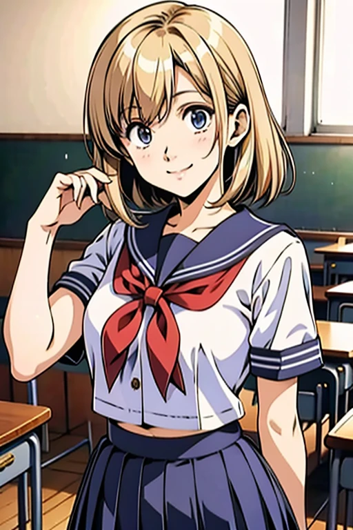 masterpiece, highest quality, Akiho Sister Miya, serafuku, blue bow, pleated skirt, Upper body, smile, hand on waist, School, classroom 