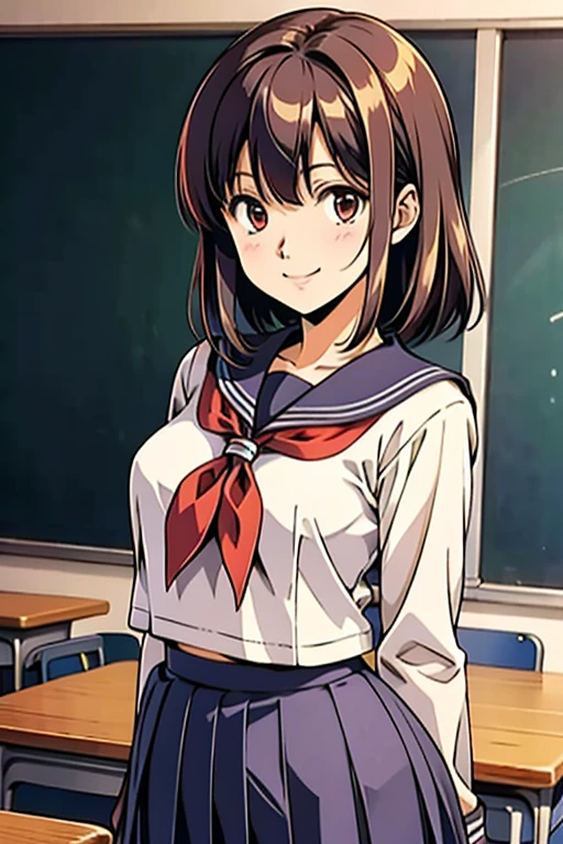 masterpiece, highest quality, Akiho Sister Miya, serafuku, blue bow, pleated skirt, Upper body, smile, hand on waist, School, classroom