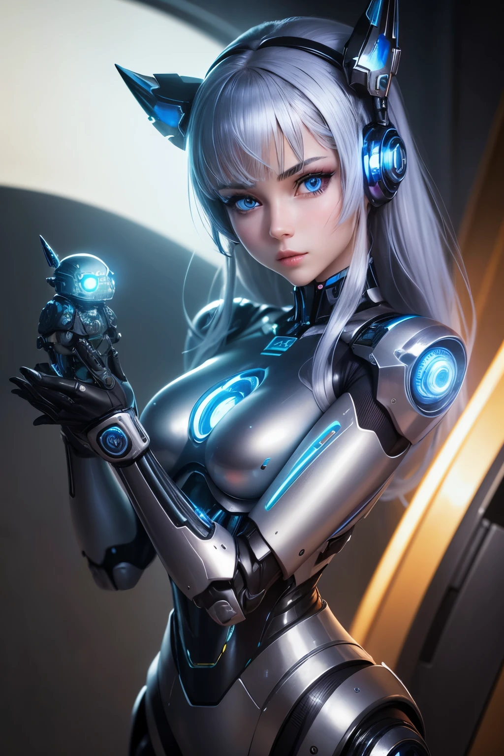 best quality, 32k, RAW photo, incredibly absurdres, extremely detailed, robot with a beautiful form and seamless shiny iridescent chrome plating, blue led eyes, female