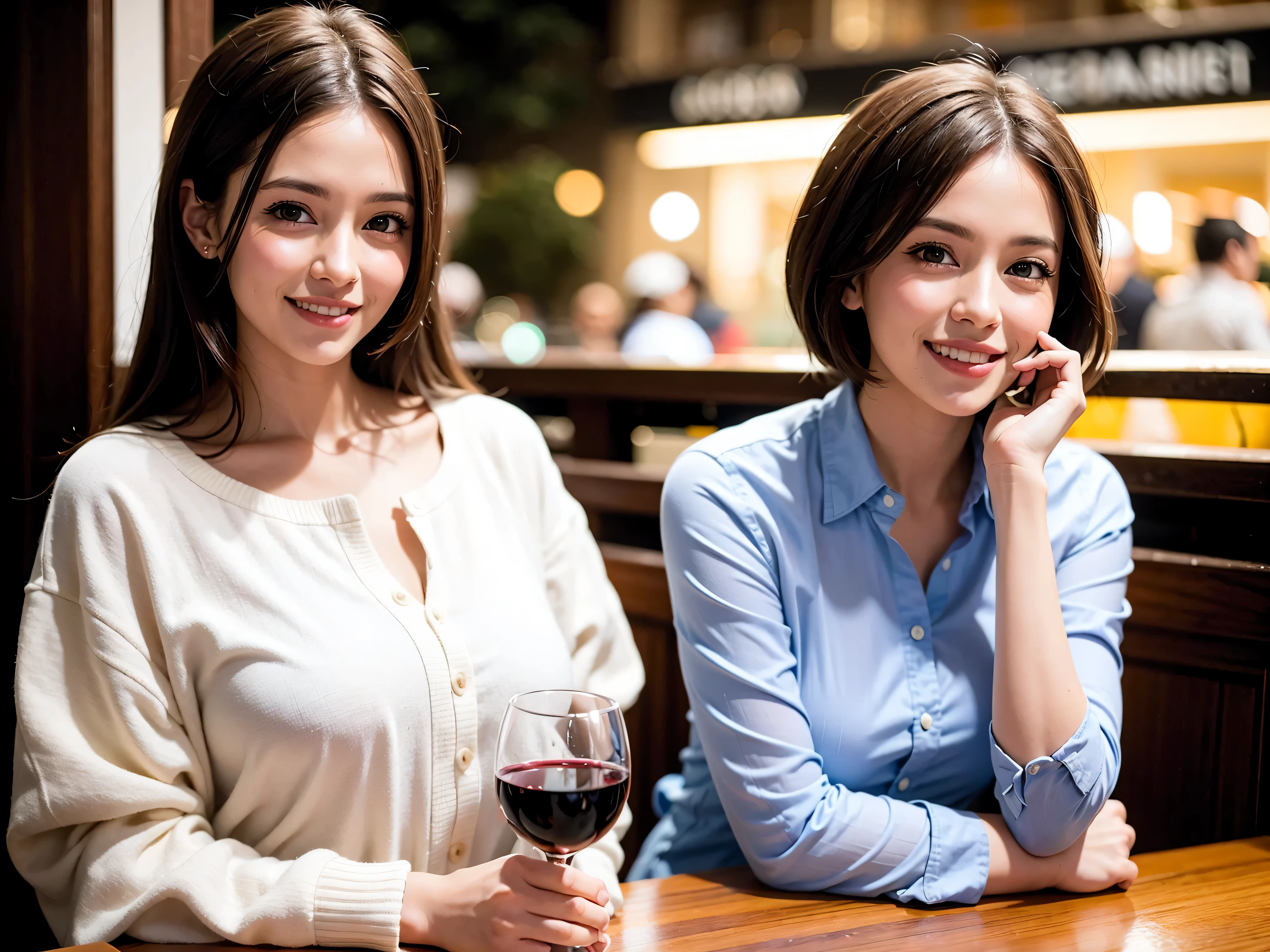 64k, UHD, highest quality, masterpiece: 1.2), (realistic, photorealistic: 1.37), Super detailed, slimな美女3名, (slimフェイス),Happy、 最高なsmile、Fox Face、Berry Short、(because I'thin), (brown hair), (shortcut), long sleeve shirt、winter fashion、Colombia、Brazilian、Japanese、Dutch、German、Portuguese、Belgian、Italian、french,champagne、Sparkling wine、 (gush), (slimボティ), (brown hair), (shortcut), Neat beauty、cheeks blush a little, (35 years old), 38 years old, alone, A beautiful and detailed night view spreads out outside the window..., restaurant, wine glassが座っている, At night, in a prominent place (from the Upper body) nova frog style, actress, model, Upper body, White wine, slim, wine glass, very beautiful night view, wine glass Put in the Middle, Happy smile, (smile: 1.15),