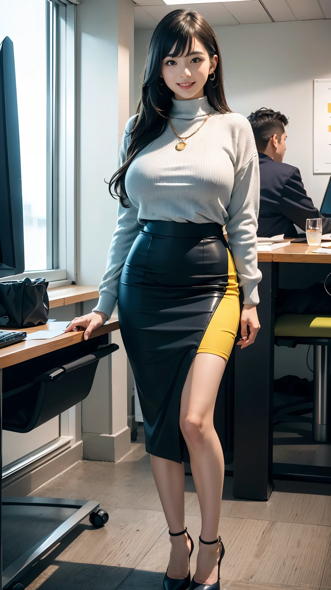 (Best Quality, Masterpiece, Photo realistic, Ultra Detailed, ultra high res, raw:1.3), (2girls:1.3), beautiful, Japanese, mature, 28yo, office workers, (turtle neck knit, pencil skirt), ({gold| silver| wine red| blue| navy| pink| white| black| yellow| green} clothes), (smile), long hair, bangs, high-waist, necklace, (at IT office), (long legs, high heels, full body:1.2), (big breasts:1.3), (crowd)