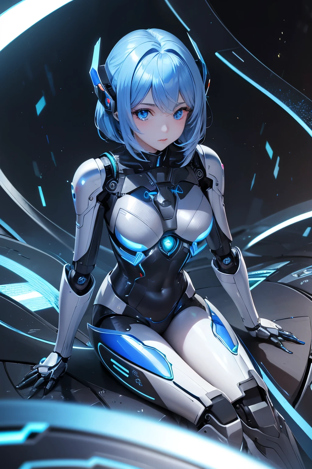 best quality, 32k, RAW photo, incredibly absurdres, extremely detailed, robot with a beautiful form and seamless shiny iridescent chrome plating, blue led eyes, female