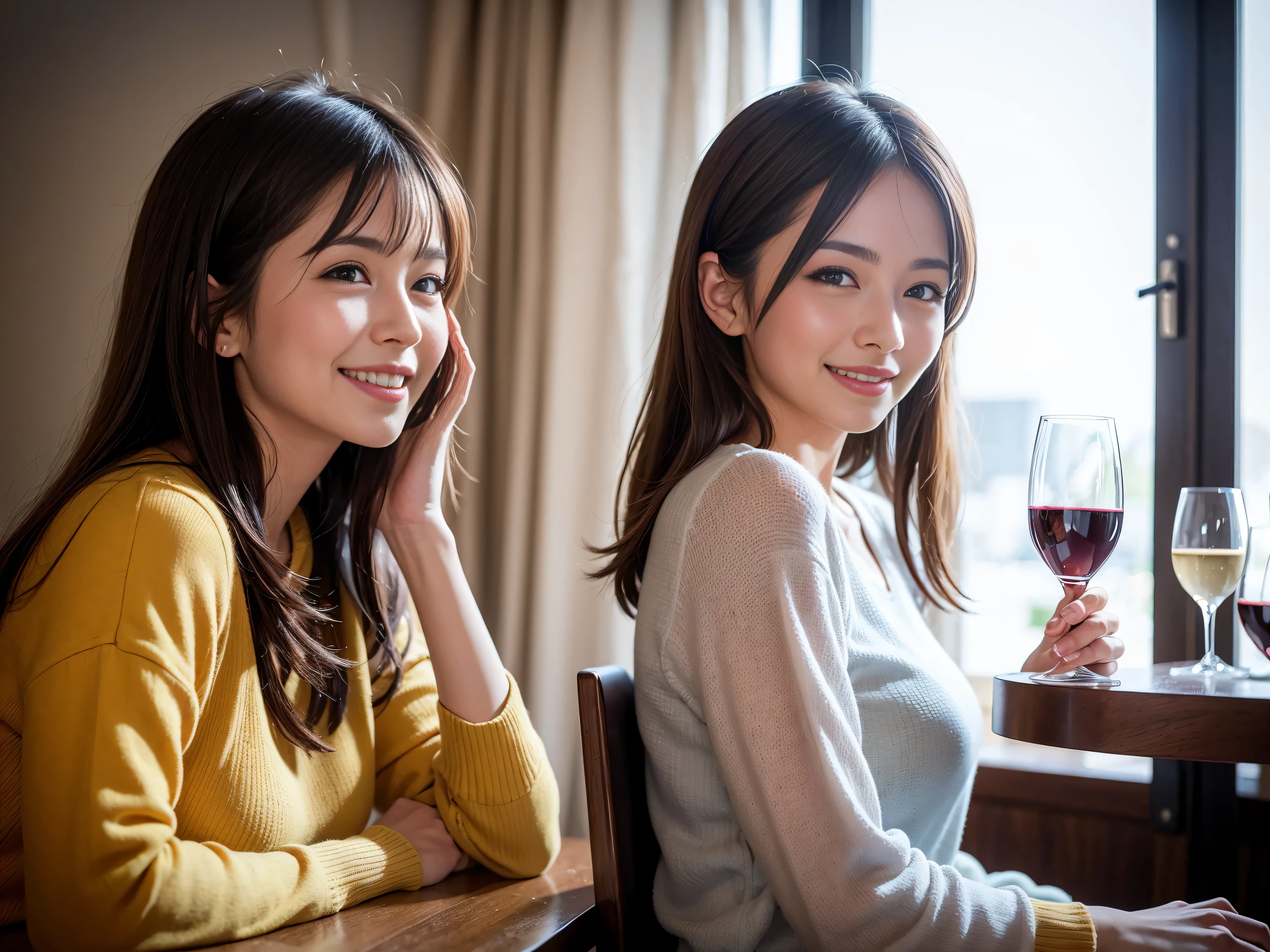 64k, UHD, highest quality, masterpiece: 1.2), (realistic, photorealistic: 1.37), Super detailed, slimな美女3名, (slimフェイス),Happy、 最高なsmile、Fox Face、Berry Short、(because I'thin), (brown hair), (shortcut), long sleeve shirt、winter fashion、Colombia、Brazilian、Japanese、Dutch、German、Portuguese、Belgian、Italian、french,champagne、Sparkling wine、 (gush), (slimボティ), (brown hair), (shortcut), Neat beauty、cheeks blush a little, (35 years old), 38 years old, alone, A beautiful and detailed night view spreads out outside the window..., restaurant, wine glassが座っている, At night, in a prominent place (from the Upper body) nova frog style, actress, model, Upper body, White wine, slim, wine glass, very beautiful night view, wine glass Put in the Middle, Happy smile, (smile: 1.15),