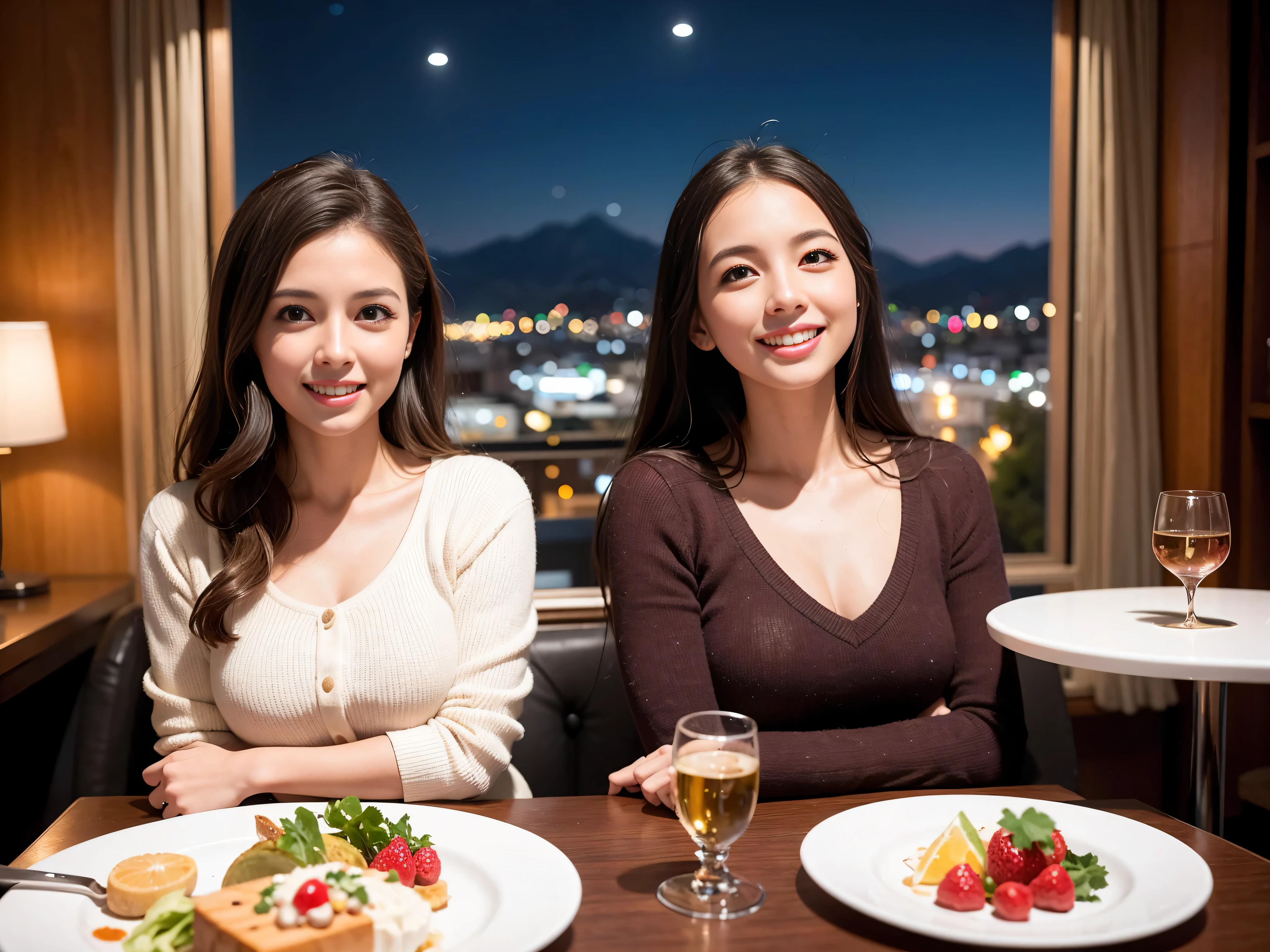 64k, UHD, highest quality, masterpiece: 1.2), (realistic, photorealistic: 1.37), Super detailed, slimな美女3名, (slimフェイス),Happy、 最高なsmile、Fox Face、Berry Short、(because I'thin), (brown hair), (shortcut), long sleeve shirt、winter fashion、Colombia、Brazilian、Japanese、Dutch、German、Portuguese、Belgian、Italian、french,champagne、Sparkling wine、 (gush), (slimボティ), (brown hair), (shortcut), Neat beauty、cheeks blush a little, (35 years old), 38 years old, alone, A beautiful and detailed night view spreads out outside the window..., restaurant, wine glassが座っている, At night, in a prominent place (from the Upper body) nova frog style, actress, model, Upper body, White wine, slim, wine glass, very beautiful night view, wine glass Put in the Middle, Happy smile, (smile: 1.15),