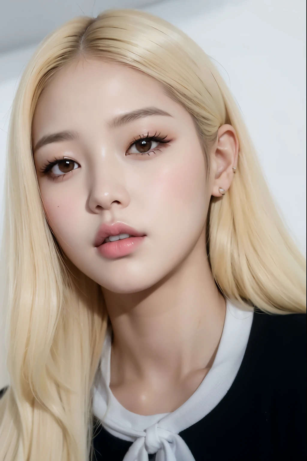 un primer plano de una mujer con cabello largo y rubio que llevaba una camisa negra, jennie rosa negro, parque roseanne de blackpink, portrait of jossi de blackpink, maquillaje popular de corea del sur, maquillaje coreano popular, jossi de blackpink, jaeyeon nam, heonhwa choe, hermosa mujer surcoreana, female korean idol portrait, TaeJune Kim, rasgos de la cara coreana