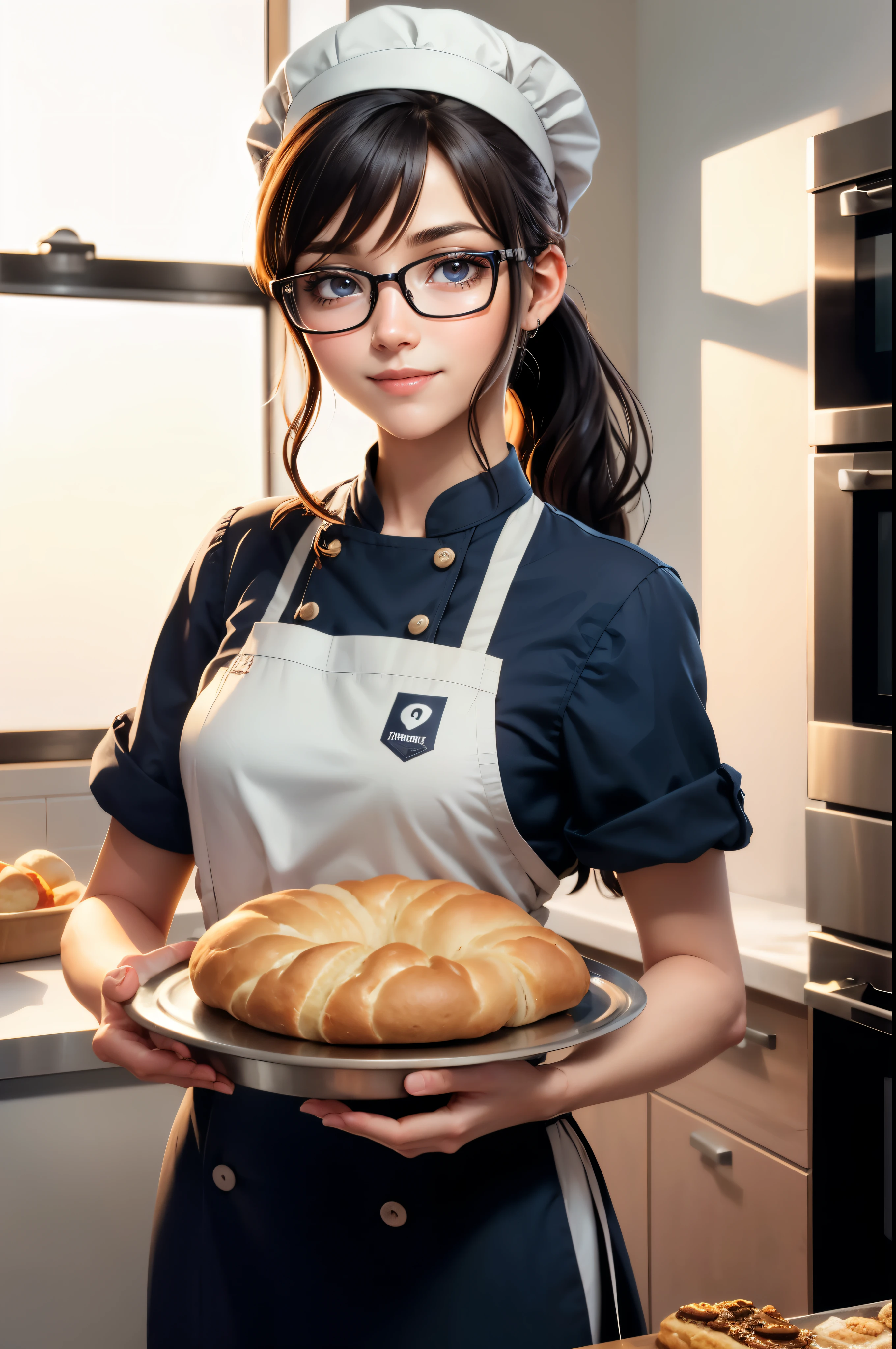 beautiful girl, , Ponytail, facial hair, wear glasses, smile brightly, Happy making bread, Put the bread tray in the oven., Various types of bread on a tray, Fragrant and delicious, (Enter the cute chef. (Wear a chef's hat)), in the kitchen, anime, High quality