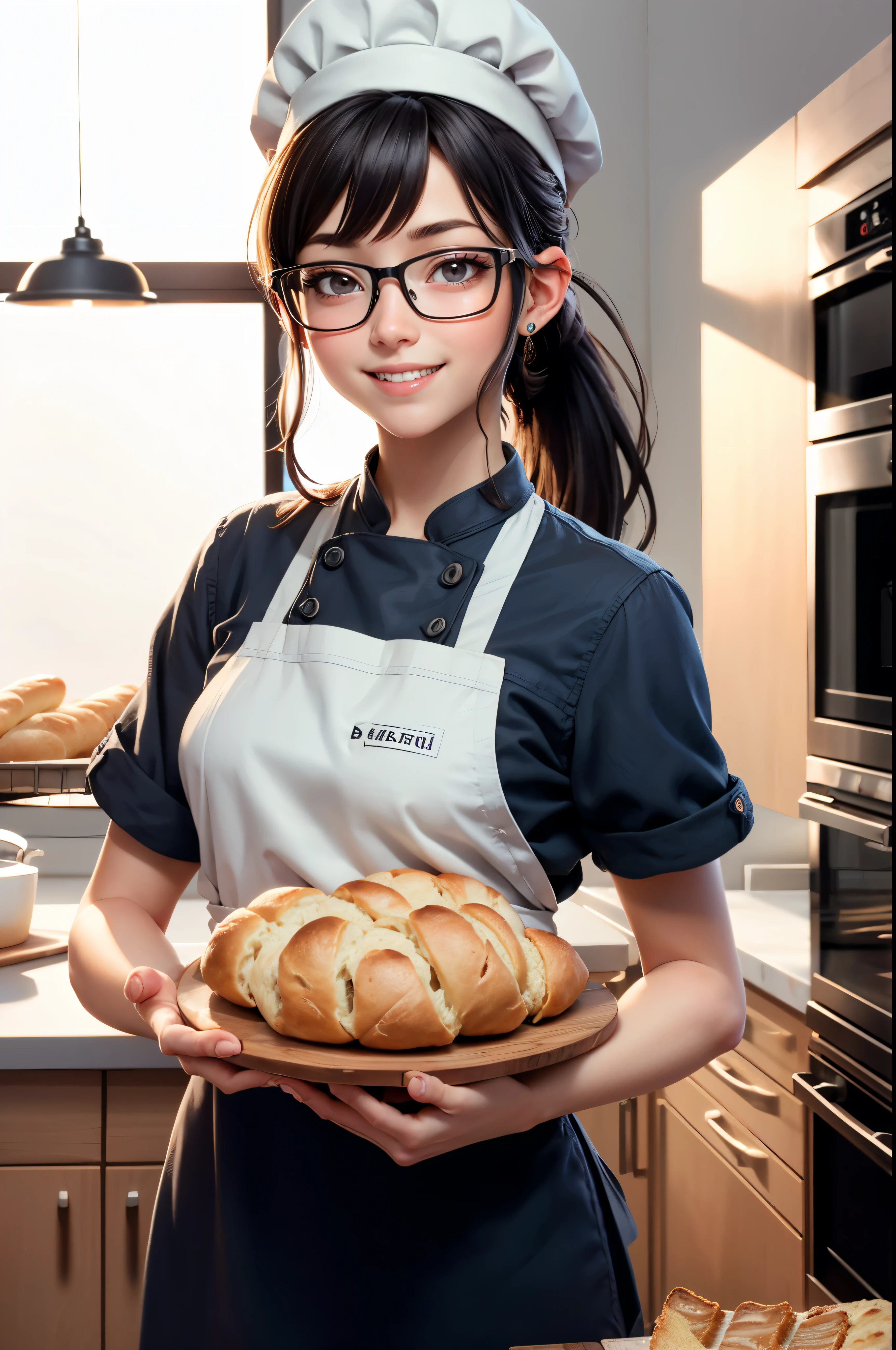 beautiful girl, 16 years old, Ponytail, facial hair, wear glasses, smile brightly, Happy making bread, Put the bread tray in the oven., Various types of bread on a tray, Fragrant and delicious, (Enter the cute chef. (Wear a chef's hat)), in the kitchen, anime, High quality