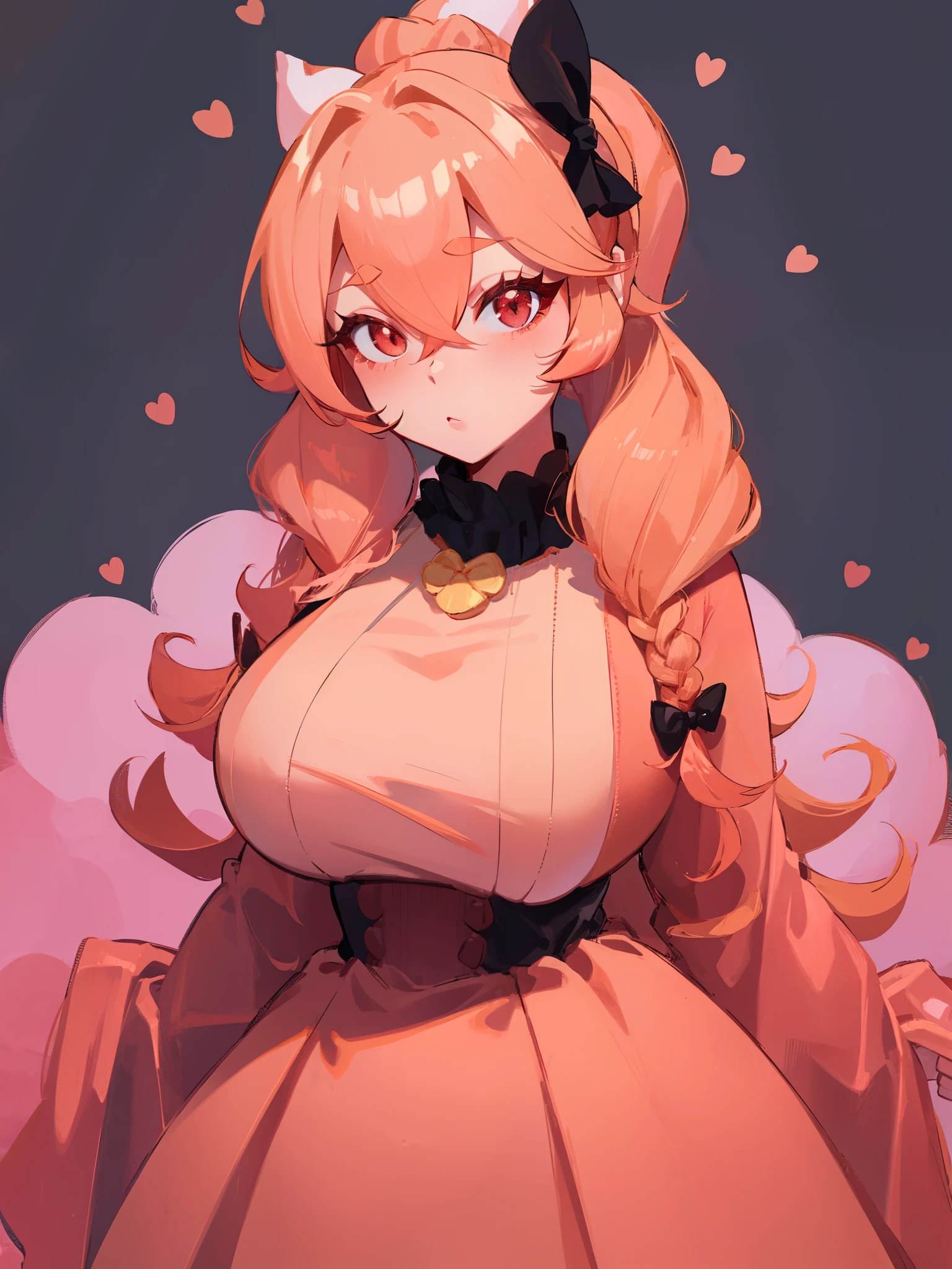 ((Peach coloured hair))) ,ponytail,black hair bow, red eyes, long eyelashes,  big  , bimbo, dress, princess, crown, cropped jumper, big , 