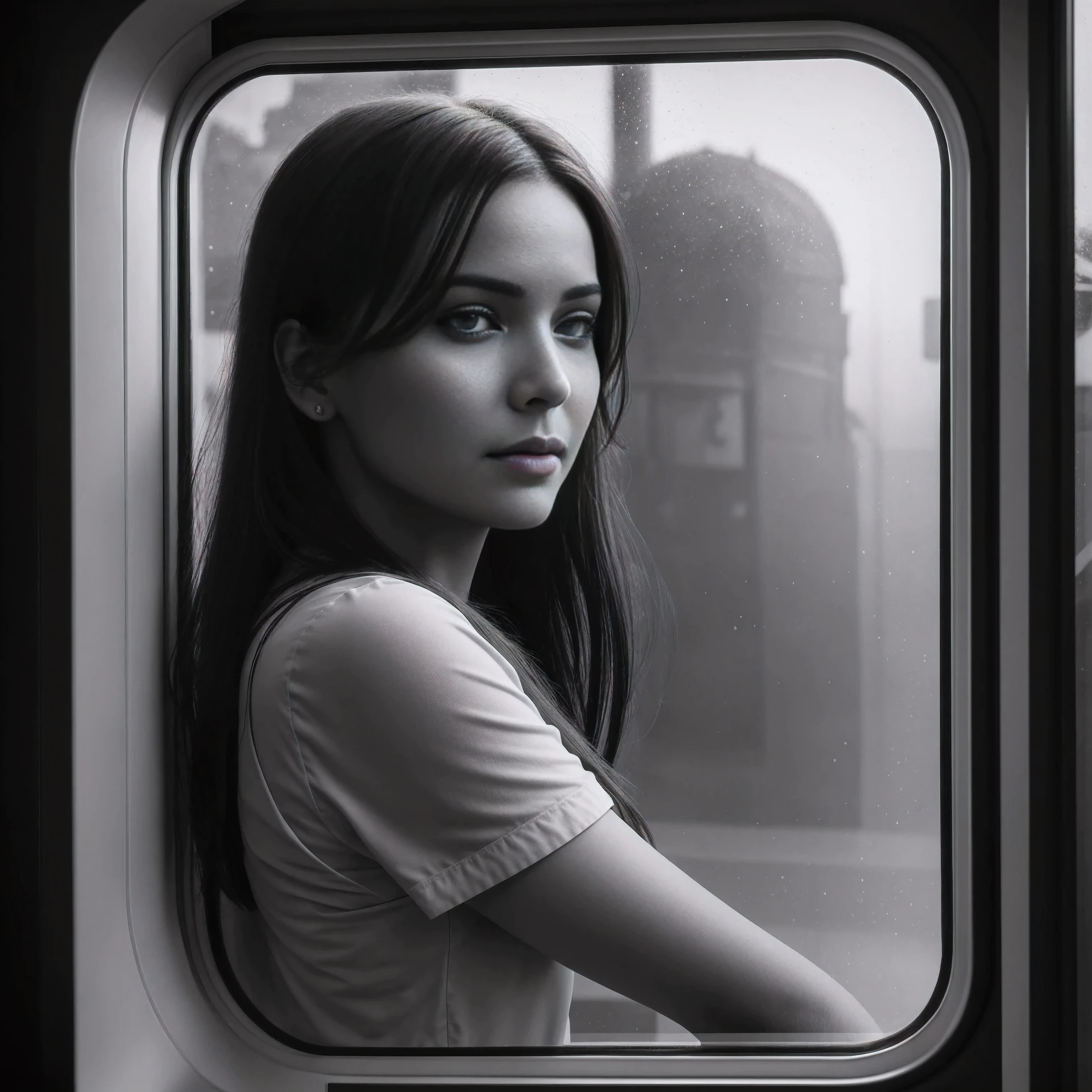 analog style, black and white close-up portrait of a stunningly beautiful joyful young lady opposite in a compartment in a train, she is leaning her head against the glass and looking out the window at the moving landscape, highly detailed, high resolution, raytraced reflections, bokeh, dramatic lighting. 8k ,neon ambiance, abstract black oil, detailed acrylic, grunge, intricate complexity, rendered in unreal engine, photorealistic, Hiroshi Yoshida Marc Simonetti print