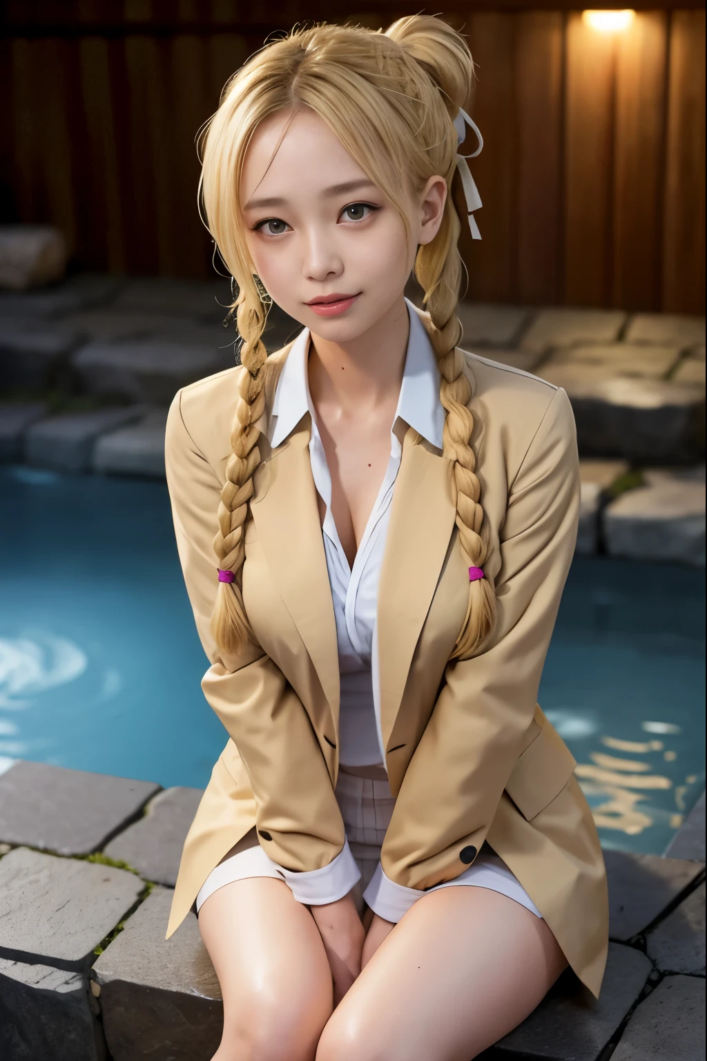 1gril, (solo:1.3), trench, onsen, outdoors, suit jacket, hugging own legs, toki(blue archive), medium breasts, blonde hair, braids, folded ponytail, hair ribbon,