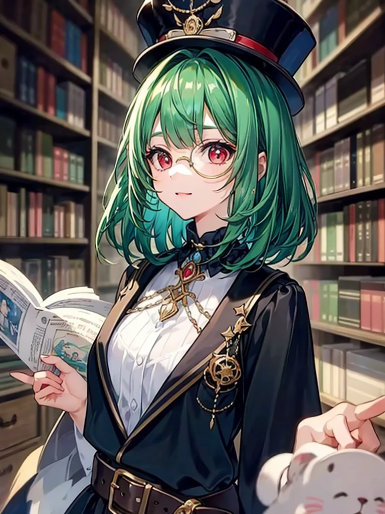 (((masterpiece、Highest image quality、highest quality、highly detailed unity 8kwallpaper)))、((Illustration of one girl、upper body))、(((beautiful girl)))、(librarian)、(Emerald green hair、messy hair、sidelocks:1.2、red eyes、crazy smile)、(((flat chest)))、(((monocle)))、pocket watch、(((Black top hat、Black tuxedo、belt)))、great medieval library、Large amount of books