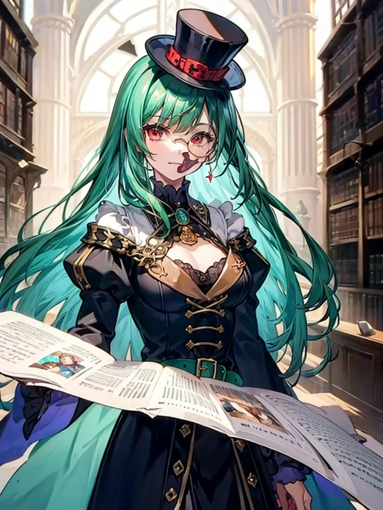 （（（masterpiece、Highest image quality、highest quality、highly detailed unity 8ｋwallpaper）））、（（Illustration of one girl、upper body））、（（（beautiful girl）））、（librarian）、（Emerald green hair、messy hair、sidelocks：1.2、red eyes、crazy smile）、（（（flat chest）））、（（（monocle）））、pocket watch、（（（Black top hat、Black tuxedo、belt）））、great medieval library、Large amount of books