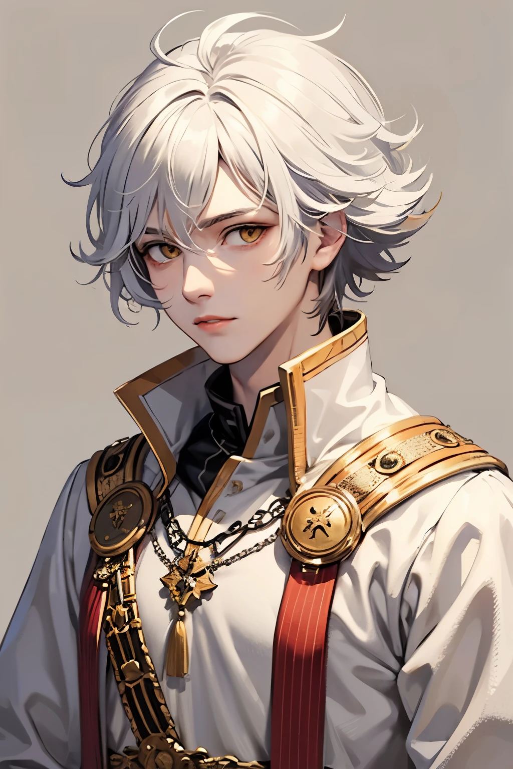 Male, white, white hair, messy hair, bright yellow eyes, arrogant, simple background, Upper body, Adult man, Royal clothing, Fantasy