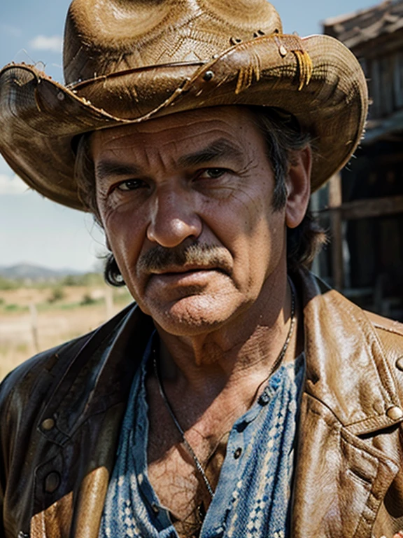 (masterpiece, highest quality, cinematic, ultra realistic, 8k), closeup, portrait of 65 year old male / Super Mario / wearing a cowboy outfit, ultra detailed, high quality textures, (huge stetson), Quentin Tarantino movie, lush prairie background, hyper realistic, HDR+, light and shadow,