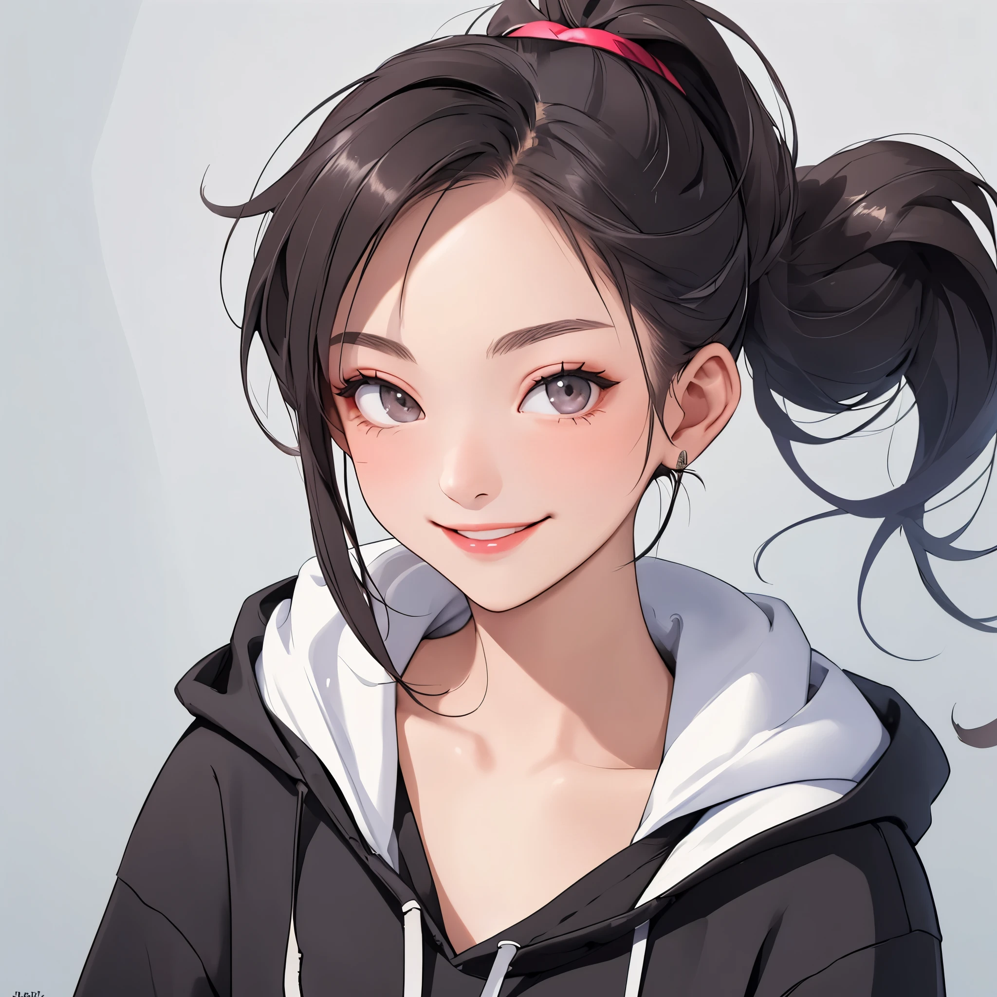 Miss,Age 20 years,ponytail,Smile,hoodie,portrait,(masterpiece, best quality, high resolution),