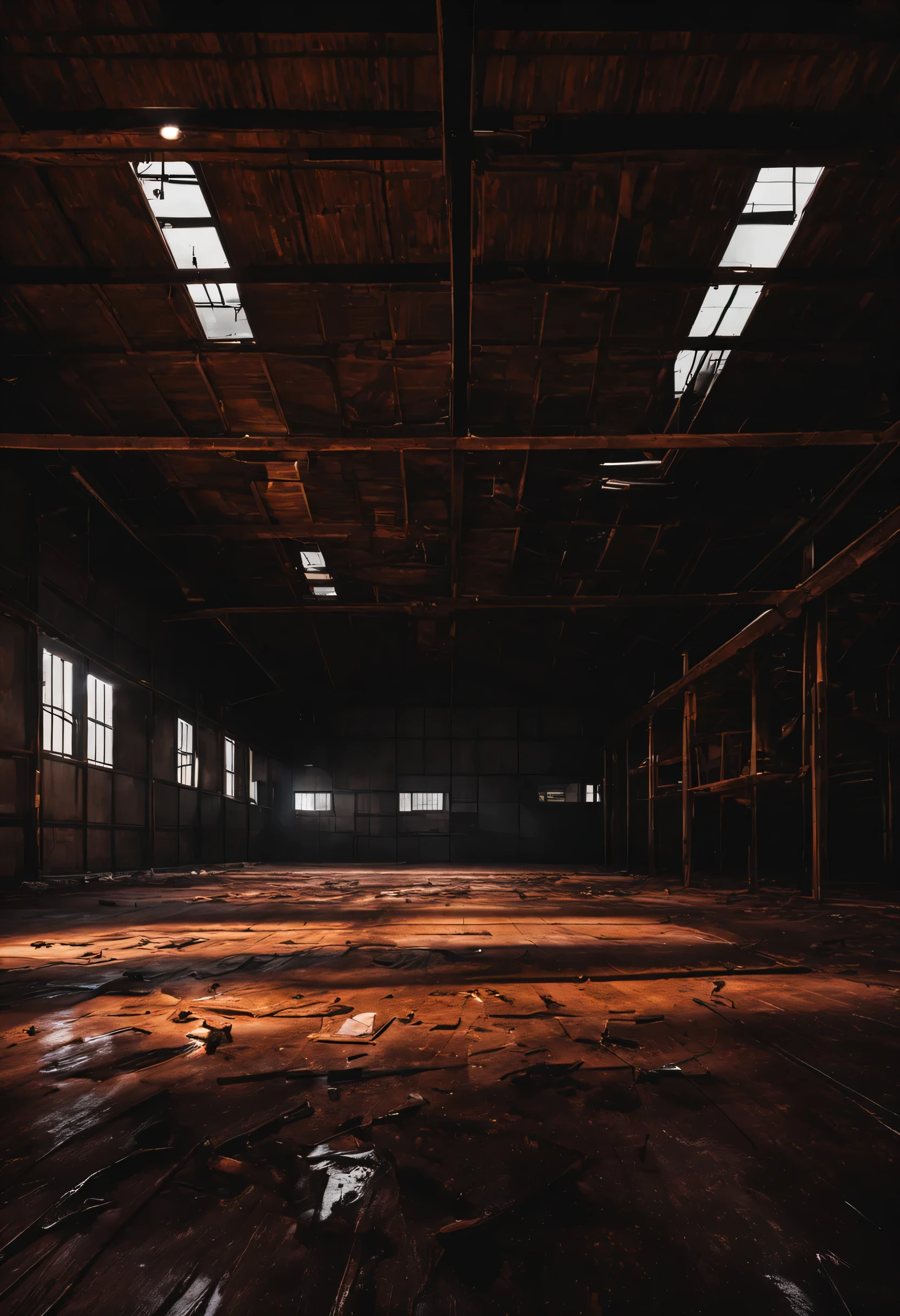 Open a warehouse, Warehouse made of wood, it&#39;The surroundings are completely dark.., A light shone on the ground below.., The room is dirty.., blood stains on the floor, 