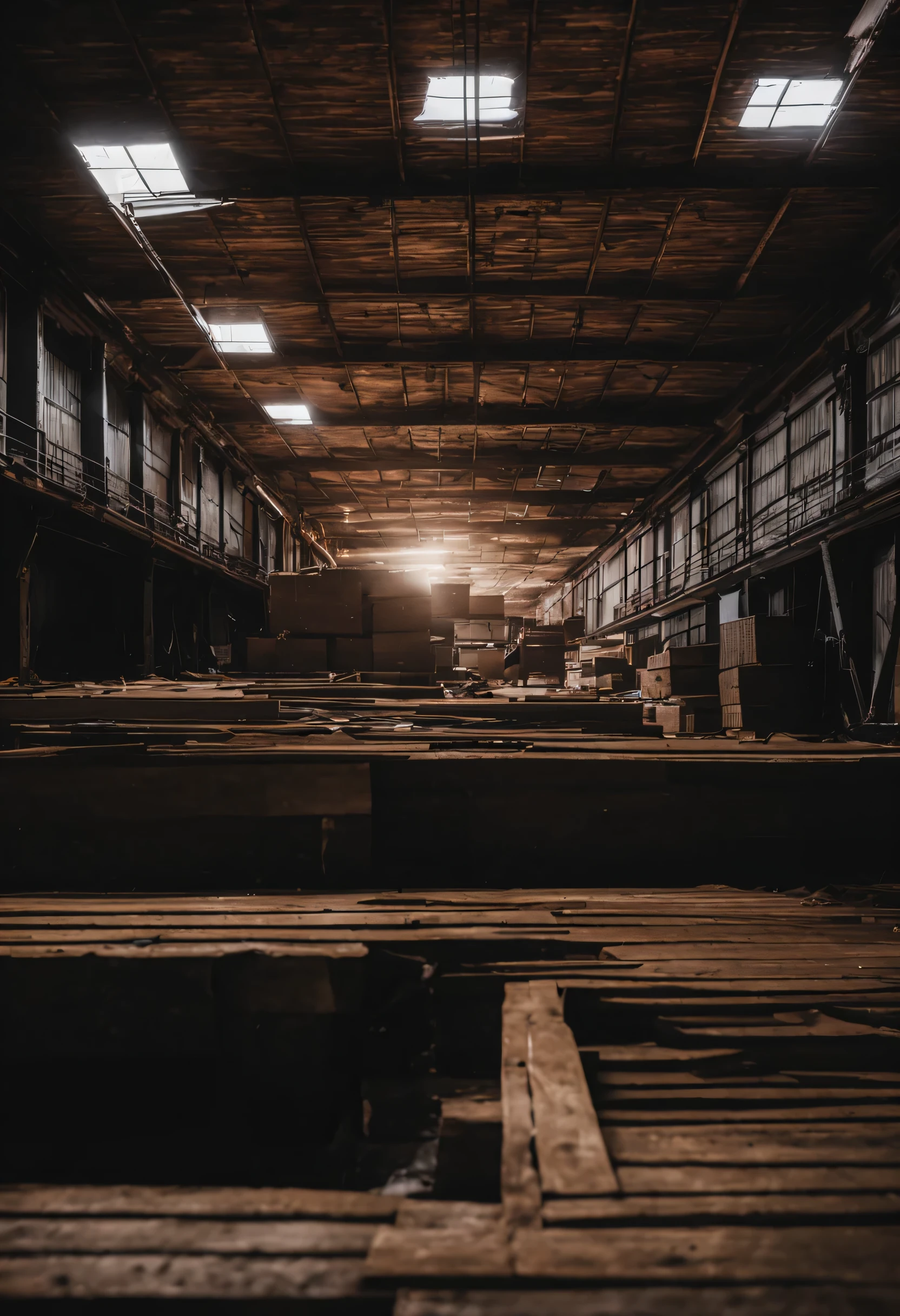 Open a warehouse, Warehouse made of wood, it'The surroundings are completely dark.., A light shone on the ground below.., The room is dirty.., blood stains on the floor,