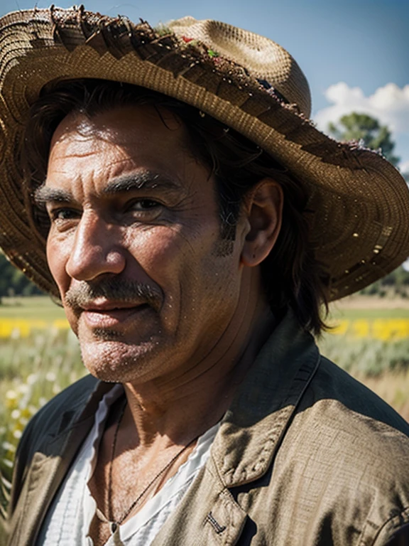 (masterpiece, highest quality, cinematic, ultra realistic, 8k), closeup, portrait of 65 year old male / Super Mario / wearing super mario outfit, ultra detailed, high quality textures, (huge stetson), Quentin Tarantino movie, lush prairie background, hyper realistic, HDR+, light and shadow, 