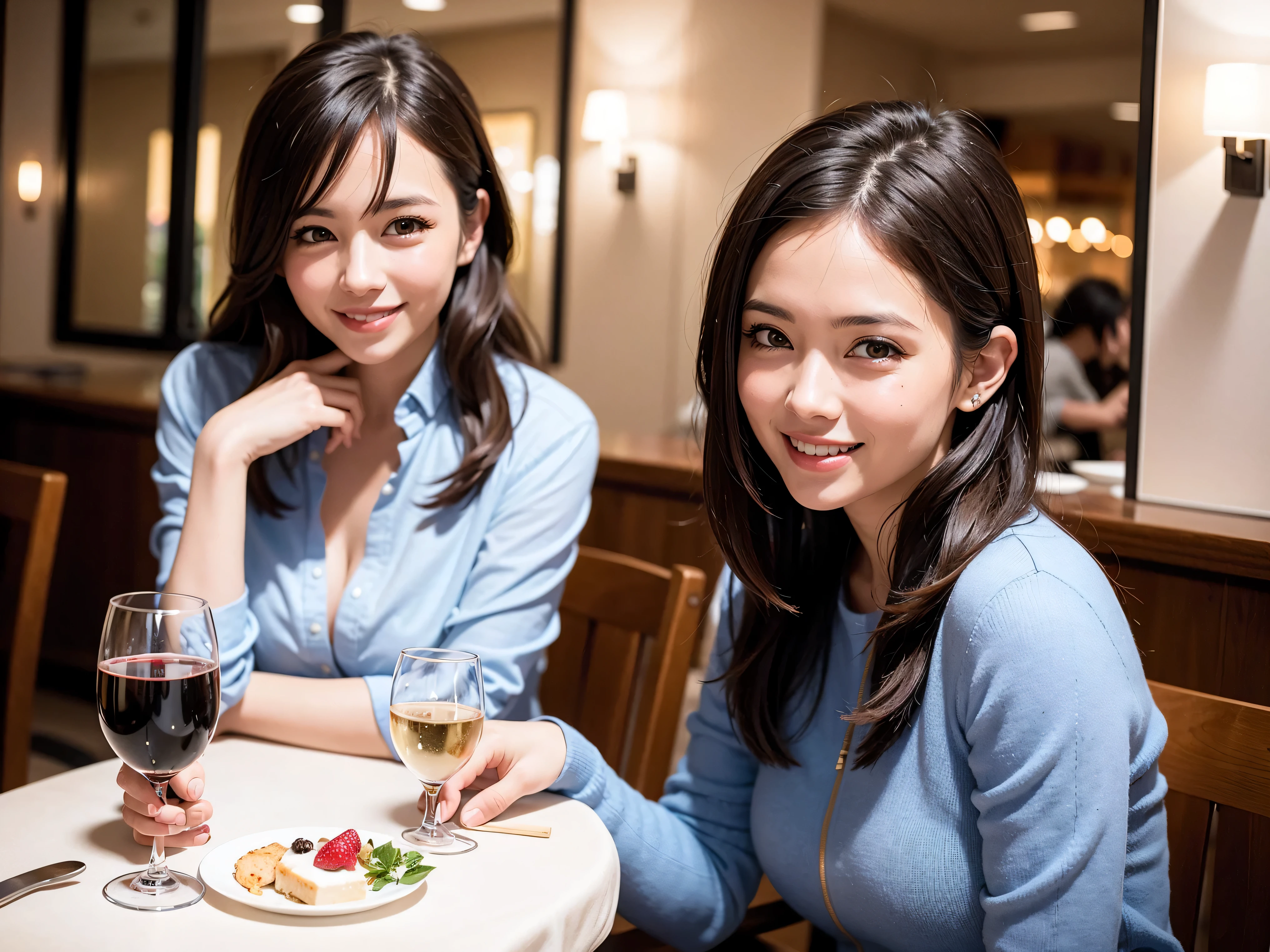 64k, UHD, highest quality, masterpiece: 1.2), (realistic, photorealistic: 1.37), Super detailed, slimな美女3名, (slimフェイス),Happy、 最高なsmile、Fox Face、Berry Short、(because I'thin), (brown hair), (shortcut), long sleeve shirt、winter fashion、Colombia、Brazilian、Japanese、Dutch、German、Portuguese、Belgian、Italian、french,champagne、Sparkling wine、 (gush), (slimボティ), (brown hair), (shortcut), Neat beauty、cheeks blush a little, (35 years old), 38 years old, alone, A beautiful and detailed night view spreads out outside the window..., restaurant, wine glassが座っている, At night, in a prominent place (from the Upper body) nova frog style, actress, model, Upper body, White wine, slim, wine glass, very beautiful night view, wine glass Put in the Middle, Happy smile, (smile: 1.15),