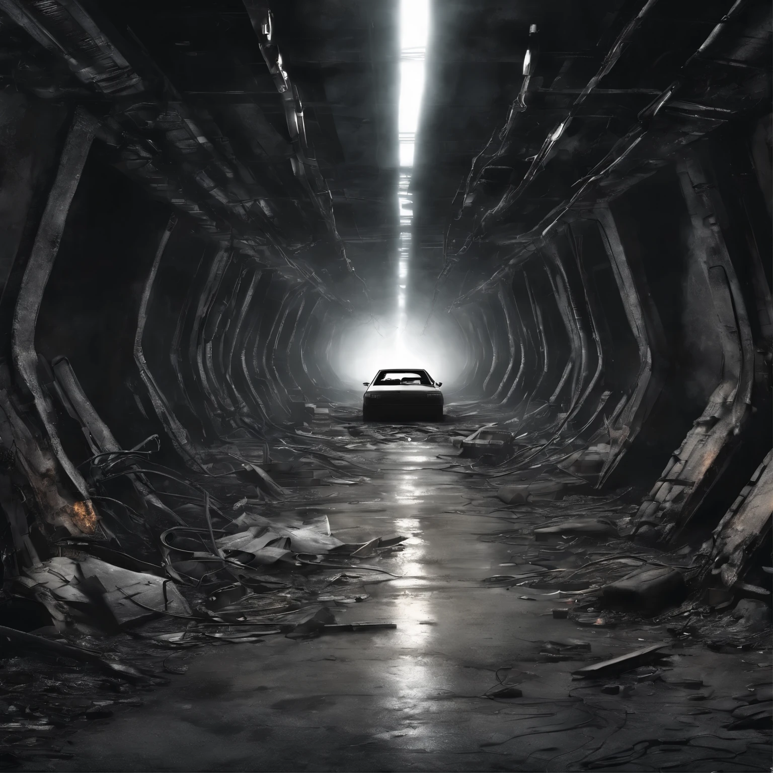 large dark tunnel with burned out cars, broken computers. large speakers on walls, broken streetlights, cables