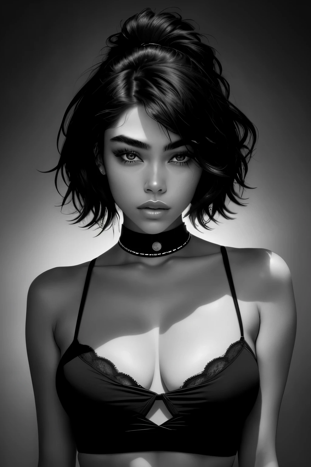 A captivating black and white portrait of Madison Beer, her short black hair artfully twisted in a half-up half-down style, exuding an alluring mystery and charm. The photograph, rich in contrast and depth, showcases every intricate detail of her expressive features, making it a mesmerizing, high-definition masterpiece. (720p or 1080p)

or

An evocative black and white portrait of Madison Beer, her short black hair delicately twisted in a half-up half-down style, exuding an enigmatic allure and intrigue. The photograph, steeped in contrast and introspective shadows, accentuates