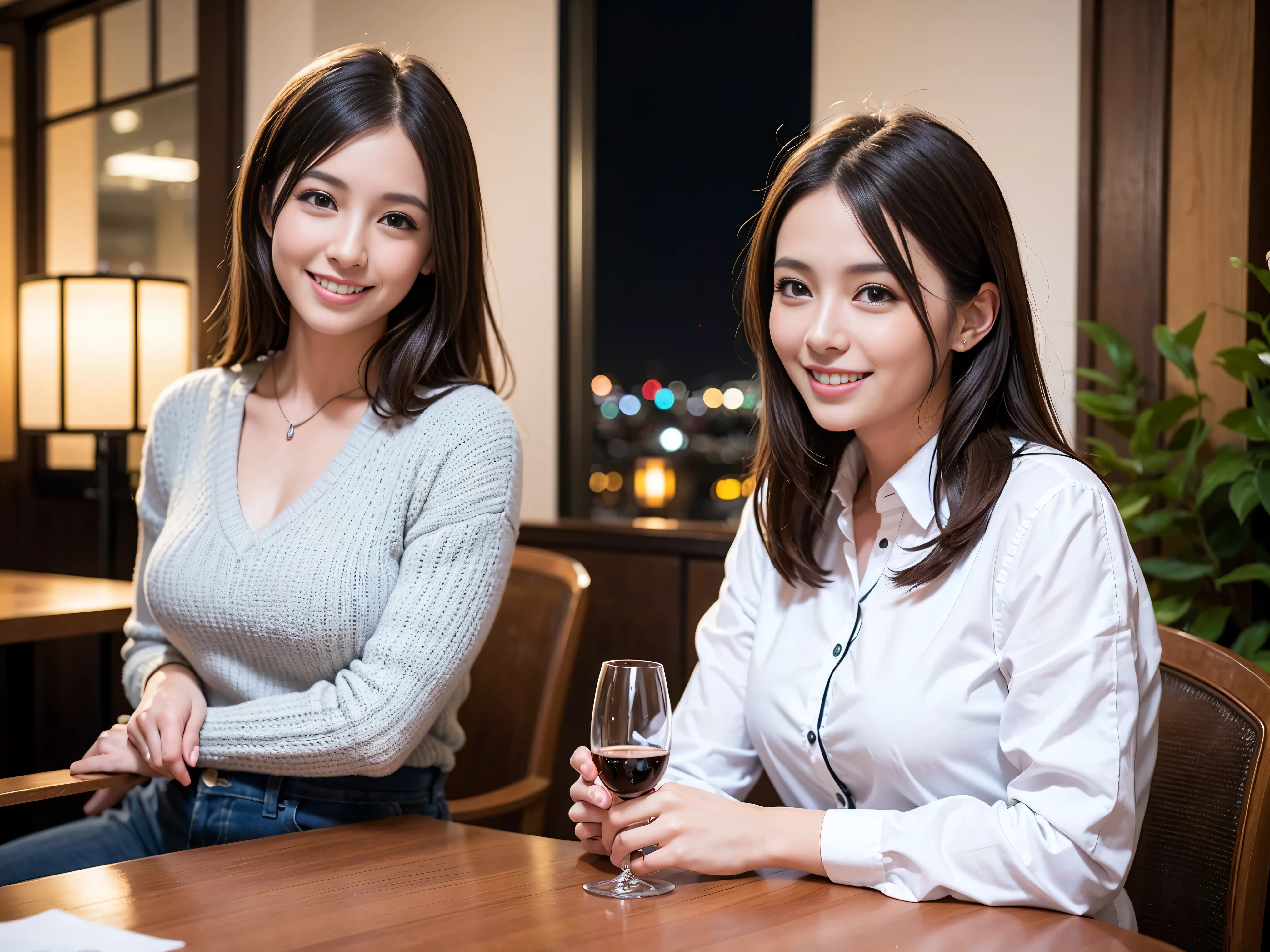 64k, UHD, highest quality, masterpiece: 1.2), (realistic, photorealistic: 1.37), Super detailed, slimな美女3名, (slimフェイス),Happy、 最高なsmile、Fox Face、Berry Short、(because I'thin), (brown hair), (shortcut), long sleeve shirt、winter fashion、Colombia、Brazilian、Japanese、Dutch、German、Portuguese、Belgian、Italian、french,champagne、Sparkling wine、 (gush), (slimボティ), (brown hair), (shortcut), Neat beauty、cheeks blush a little, (35 years old), 38 years old, alone, A beautiful and detailed night view spreads out outside the window..., restaurant, wine glassが座っている, At night, in a prominent place (from the Upper body) nova frog style, actress, model, Upper body, White wine, slim, wine glass, very beautiful night view, wine glass Put in the Middle, Happy smile, (smile: 1.15),