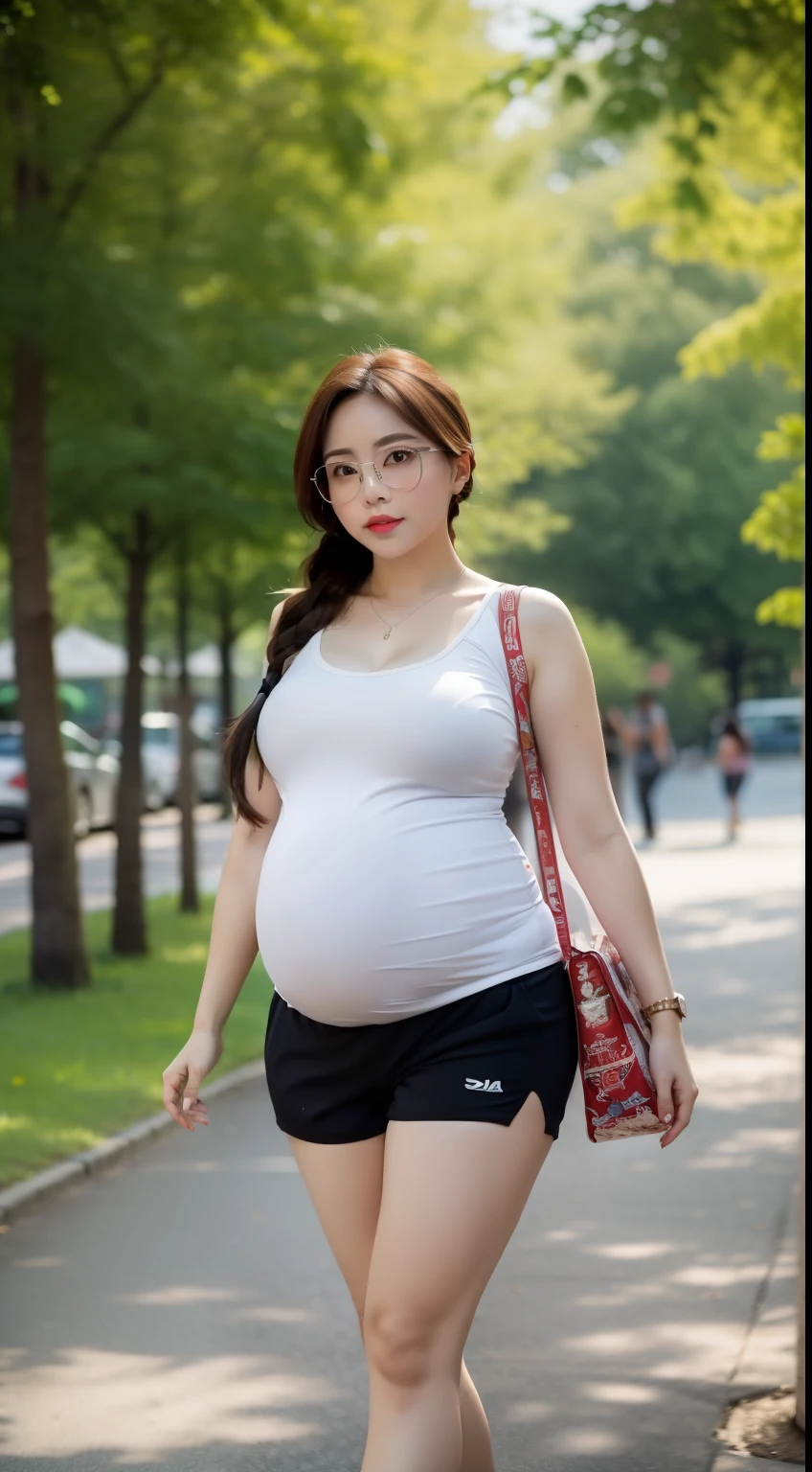 a beauti，slightly fat big breasts，plumw, huge pregnant, 40 weeks pregnant, pregnant triplets，Raised sexy，Loose-fit sports shorts，Thick legs，camisole，long hair braid，Black glasses frame，Take a walk in the park，natta，k hd，A high resolution