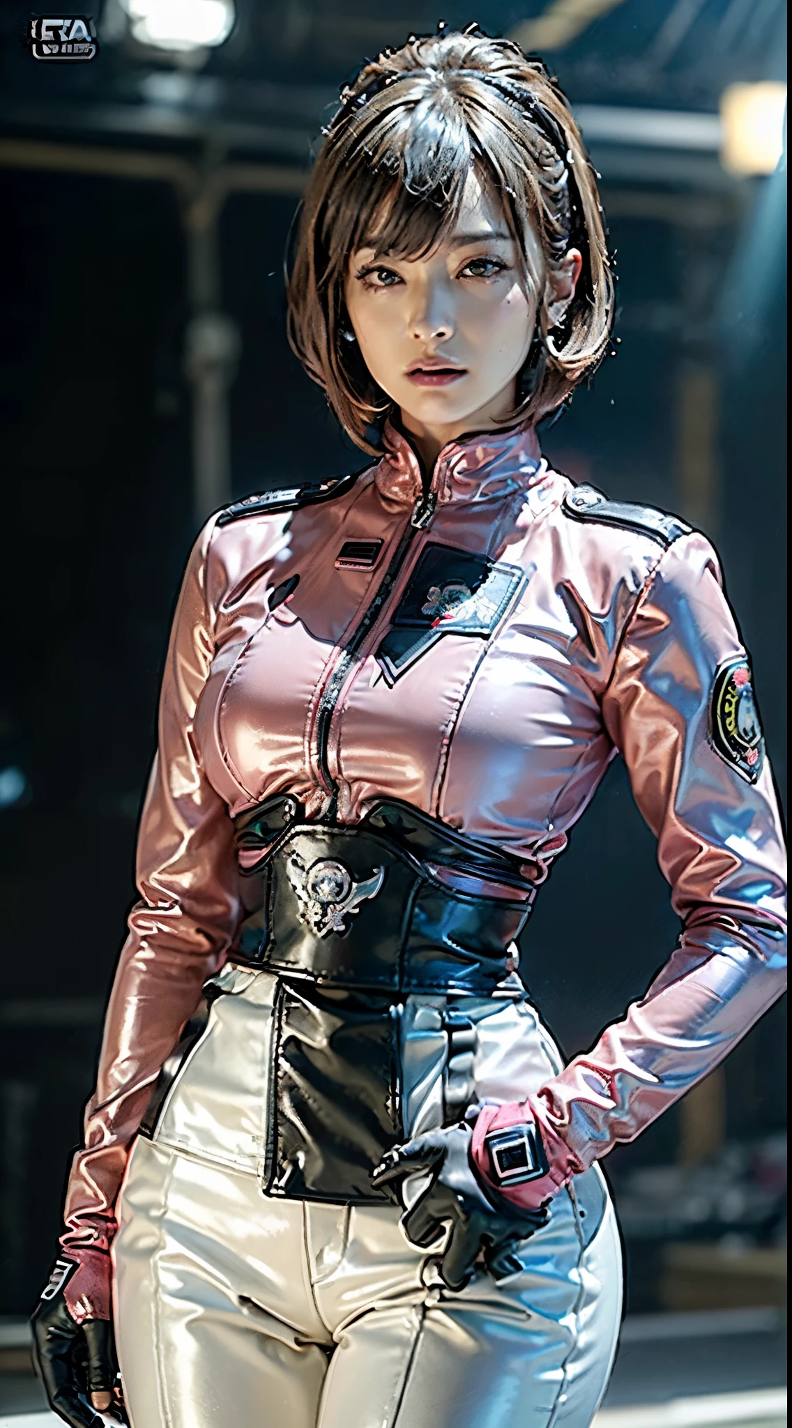 (Top Quality, Ultra High Definition, Photorealistic:1.4), (cowboy shot:1), 2 Beautiful Girls, (Kpop Idol), Detailed Face, (Hair Style: Pink:1, fullbang, shortbob-style:1), 2 girls, political posing, hugging,  seductive expression, Contrapposto, Perfect Anatomy, big pelvis, Professional Lighting, ((wearing Futuristic Police Racing Suits, low-minkirt, police wappen, High-tech Headset, military waist gun-holder, racing gloves, transceiver, handgun)), (Cloths colors based on silver pink black white), (in abandoned factory),