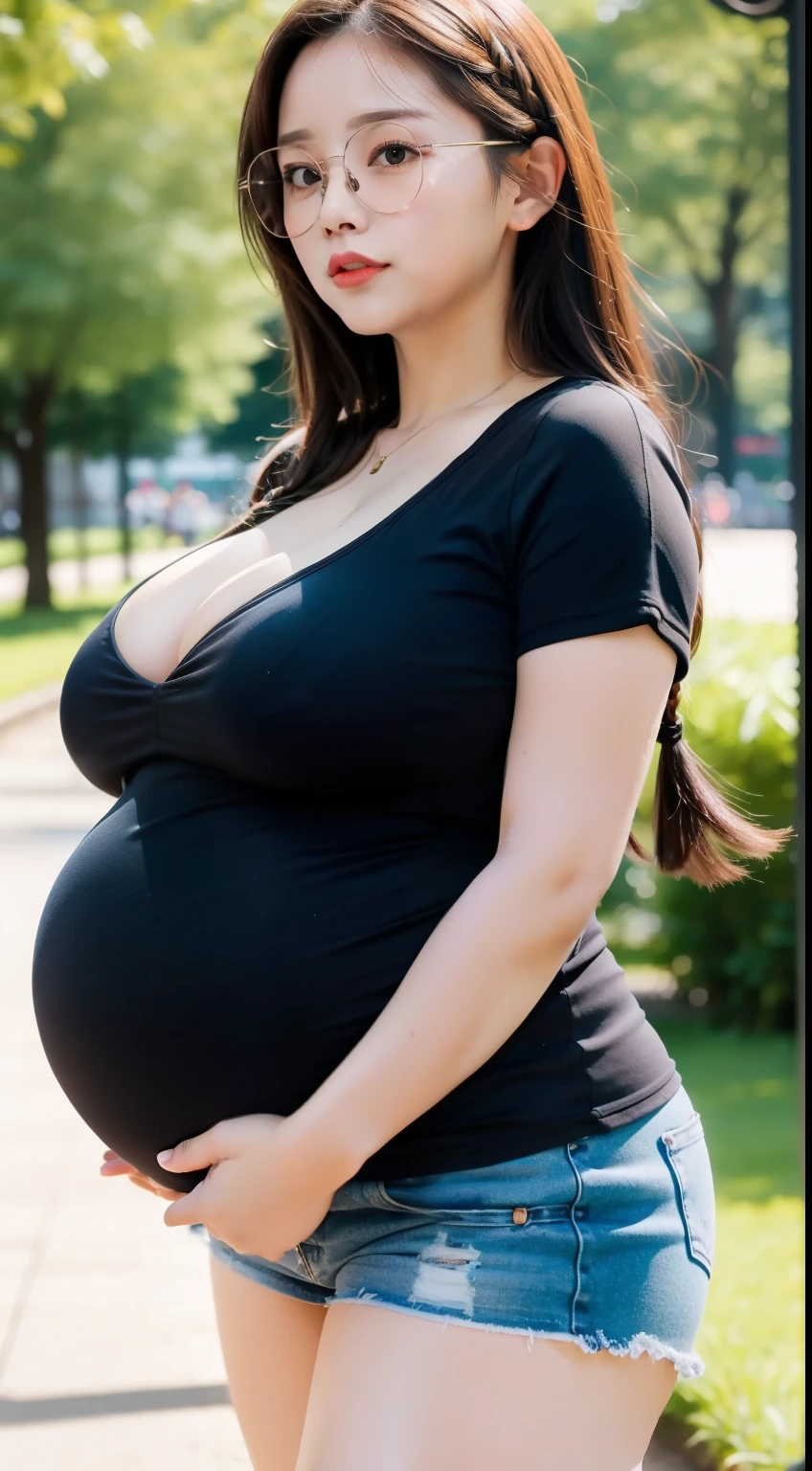 a beauti，slightly fat big breasts，plumw, huge pregnant, 40 weeks pregnant, pregnant triplets，Raised sexy，Loose-fit sports shorts，Thick legs，camisole，long hair braid，Black glasses frame，Take a walk in the park，natta，k hd，A high resolution