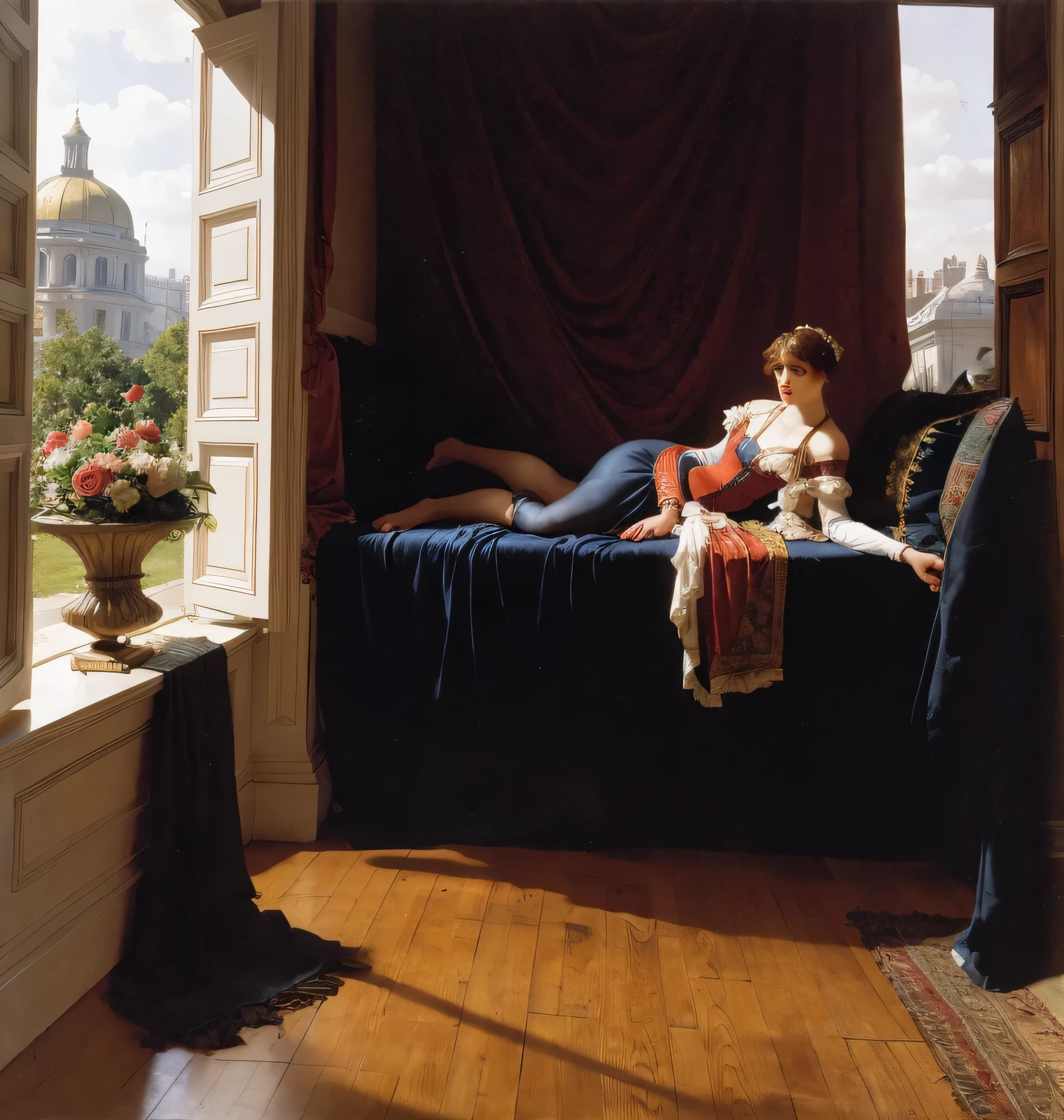 painting depicting a table, a bottle of beer and a beer mug on the table, a fully naked man lying face down on a bed next to the table and reading a book, the sun shining brightly through an open window, a fan on the floor, curtains fluttering in the wind, oil painting on canvas, a man pinup