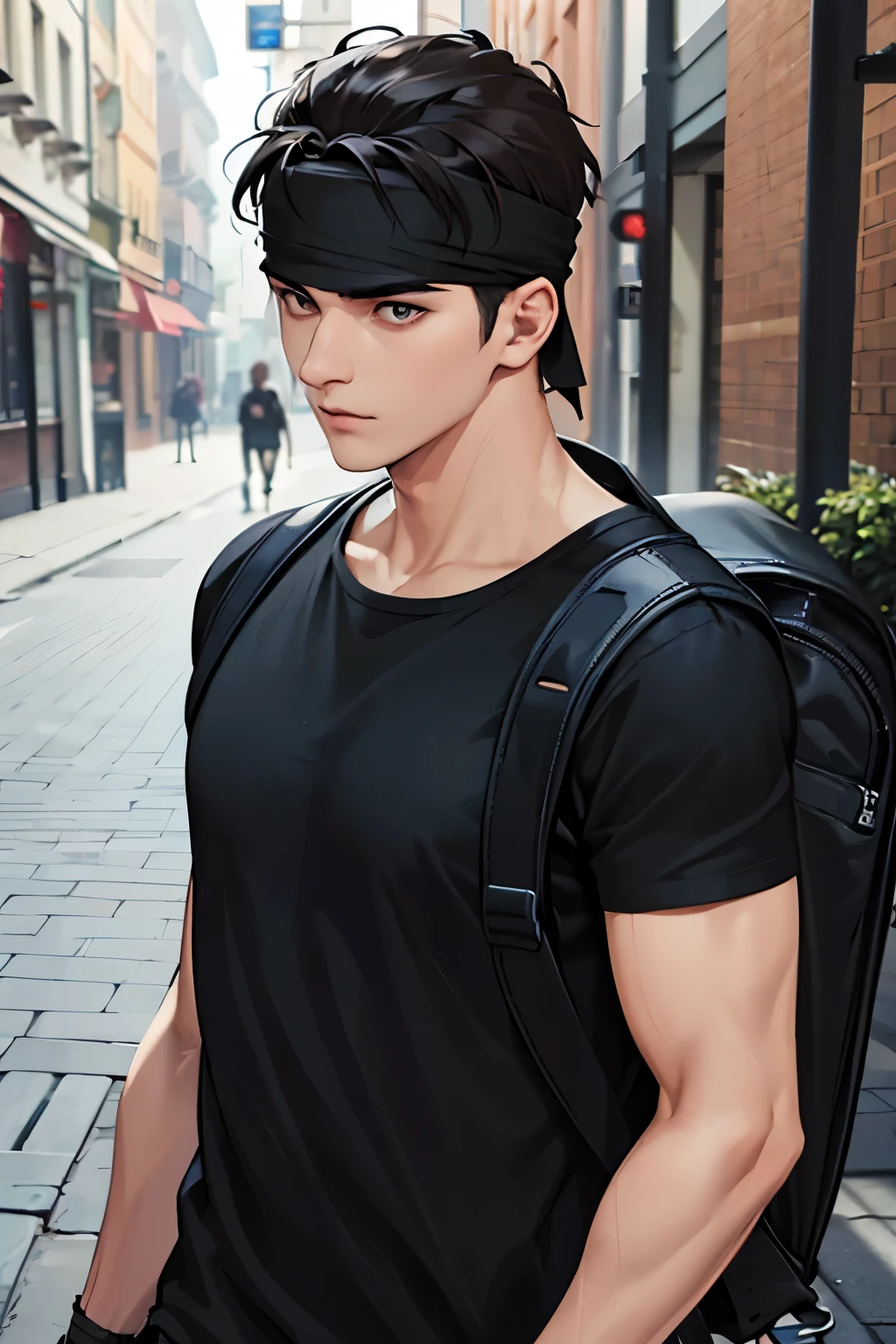 man with a backpack and headband walking down a sidewalk, he is wearing a black t-shirt, wearing black tshirt, taken with canon 8 0 d, taken with canon eos 5 d, wearing a black tshirt, student, wearing a black t-shirt, male teenager, with a backpack, protrait, potrait