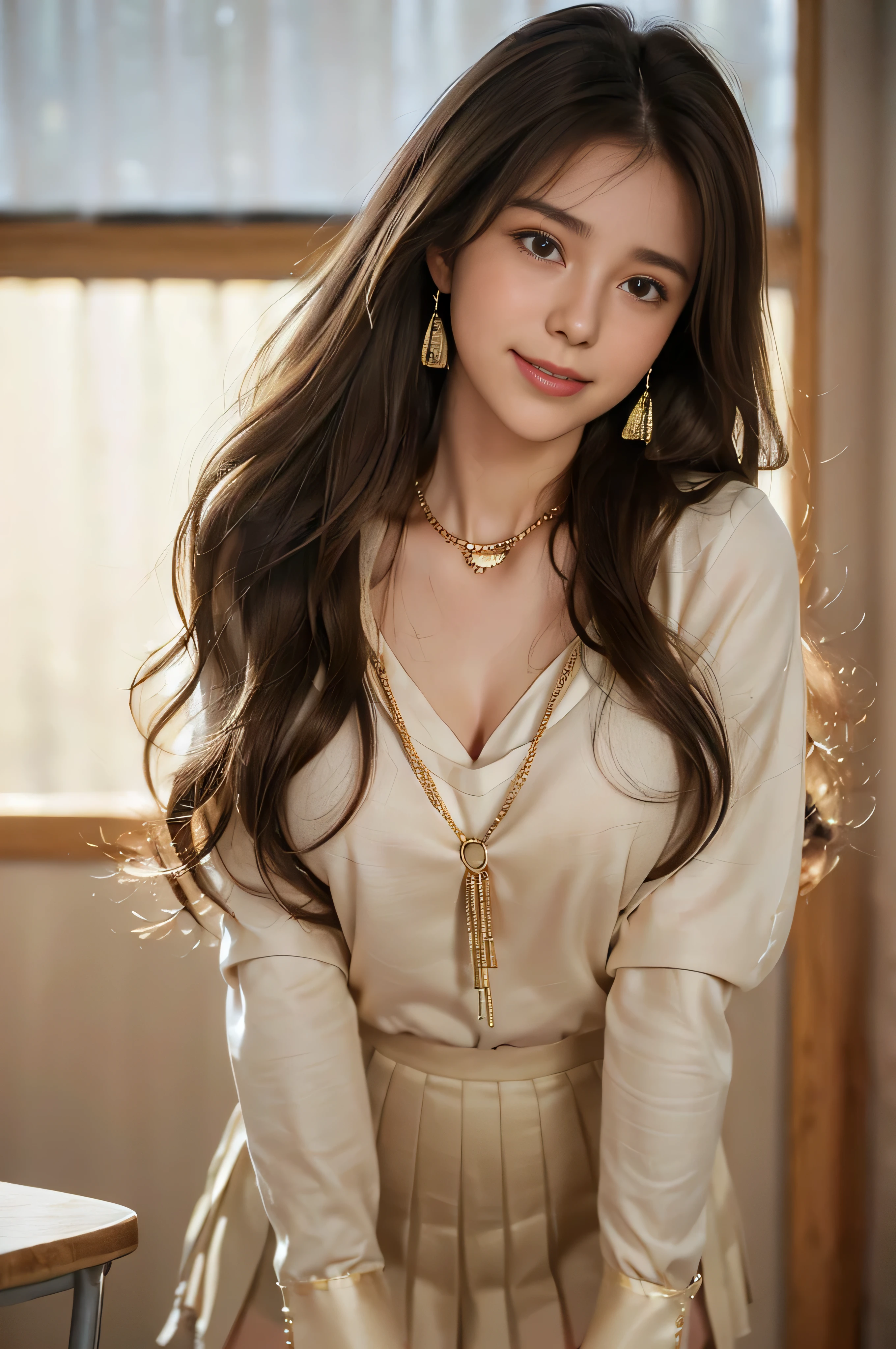 ((beautiful girl:1.3))((Super long brown hair:1.4)),((loosely wavy hair:1.3)),((gold necklace_big earrings:1.2))()(uniform:1.4)((panty shot:1.3))((university student)),((beige pleated mini skirt:1.3)),((beige long sleeve blouse)) ((inside the classroom:1.3)) ((thin_fabric:1.4)) (((random sexy pose:1.3)) ((sweaty:1.5))((face flushed:1.4)) ((medium breasts:1.4)) ((Close-up:1.2)) highest quality、masterpiece、ultra high resolution、(photorealistic:1.4)、Raw photo、(real skin texture:1.3)、(film grain:1.3)、panorama、character portrait、very wide shot、narrow waist、cowboy shot、(in the dark、deep shadow、moderate、in the cold light、)night、(())、flowing tears、dust、Tyndall effect、(expression),1girl,beautiful detailed eyes and face,white jabot,brown eyes,((brown hair:1.2)) ((whole body:1.3)) ((shy smile:1.3))