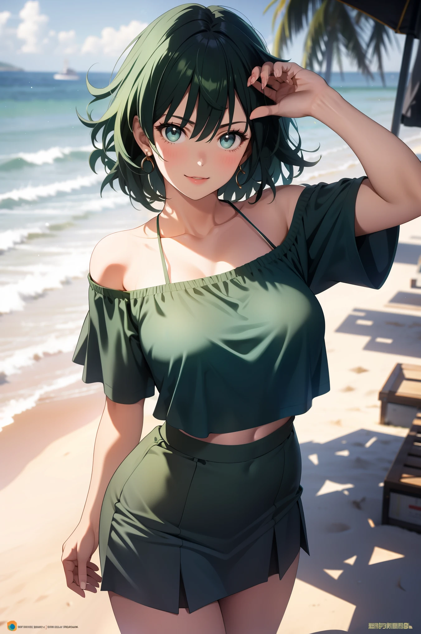 1girl,fubuki, masterpiece level work,Best Picture Quality,Facing the camera,ssmile,green skirt,Raised sexy,look straight at the camera,long whitr hair,perfect bodies,beachside,Green hair,Off-the-shoulder attire。Large breasts, revealing clothes, beautiful eyes, High quality, sexy pose, happy face, eye contact, skinny , perfect febric , realistic