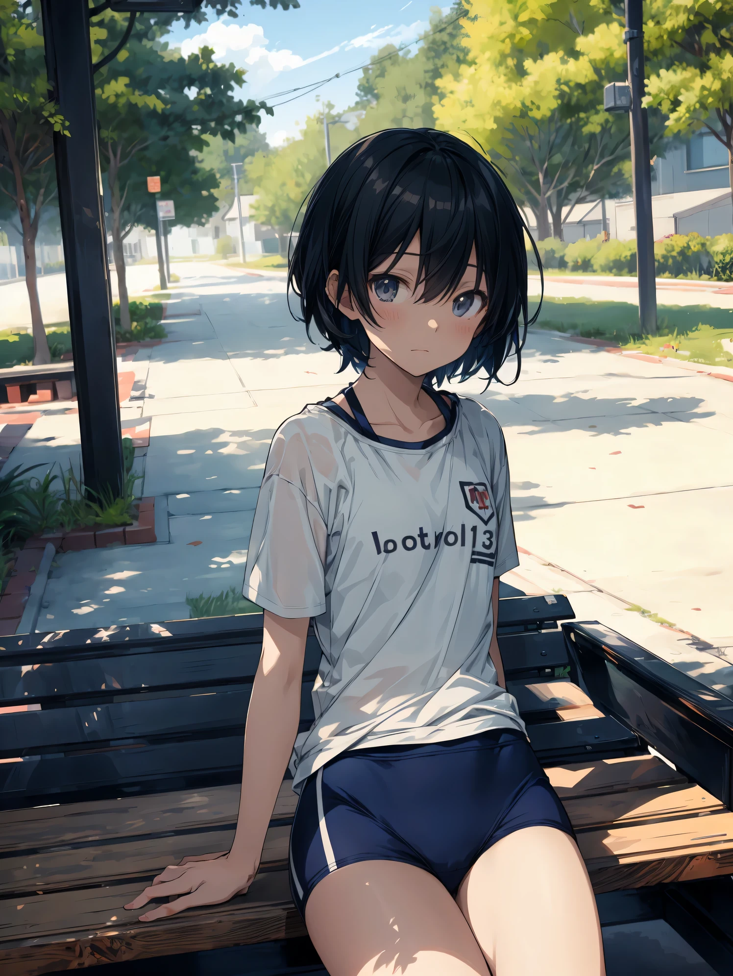 Super high quality by the art god, super detailed, High resolution, Shinkai Makoto style, anime moe art style, best anime 8K konachan wallpaper, pixiv contest winner, perfect anatomy, break,(水着を着た女の子がプールサイドのベンチにalone眠そうに座っている絵を描いてください.),break, surreal girl, (alone,lolita, , :1.3),All limbs, full finger,, androgynous charm, (very short hair), Wet hair, small breasts,slender body, small ass, between legs, Small black eyes,hanme,beautiful and fine eyes, Well-proportioned iris and pupils, sleepy eyes, High resolutionの詳細な髪, School swimsuit wear,Wet, in  School pool. break,super dense skin, Best lighting by famous artists, 8K, figure,