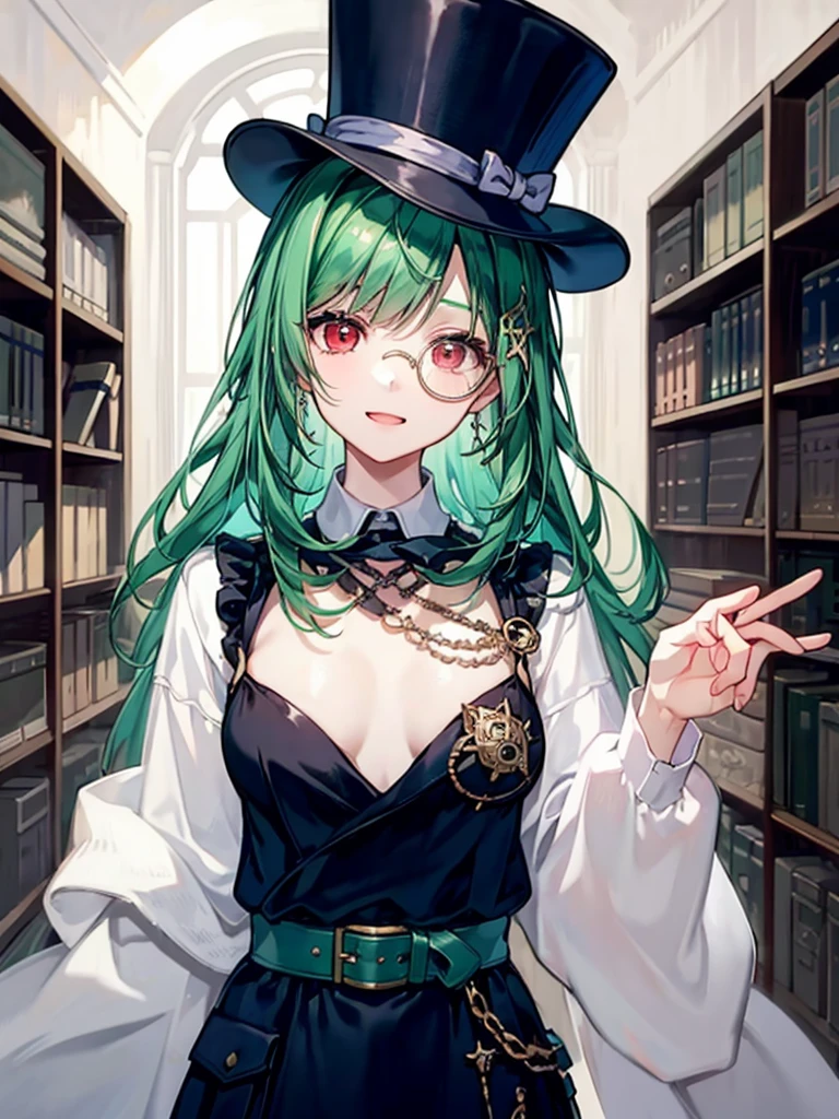 （（（masterpiece、Highest image quality、highest quality、highly detailed unity 8ｋwallpaper）））、（（Illustration of one girl、upper body））、（（（beautiful girl）））、（librarian）、（Emerald green hair、messy hair、sidelocks：1.2、red eyes、crazy smile）、（（（flat chest）））、（（（monocle）））、pocket watch、（（（Black top hat、Black tuxedo、belt）））、great medieval library、Large amount of books