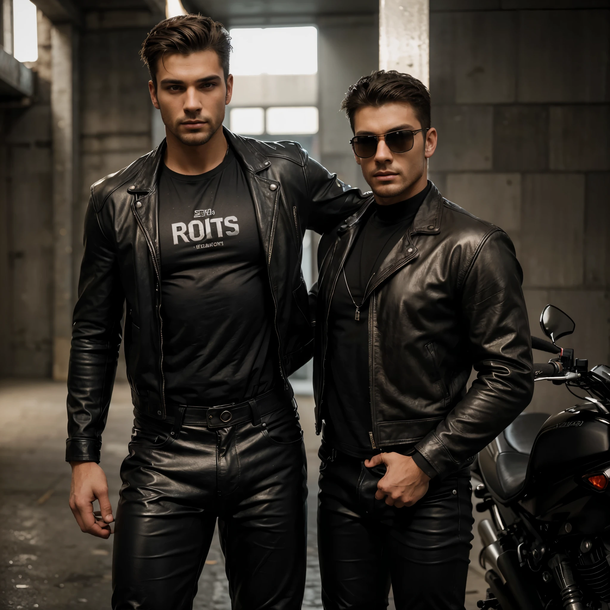 4k, ultra realistic photo of one handsome 21 years old man, muscular, strong, strong facial features, light facial hair, dressed in leather pants and a leather jacket, he is holding a motorbike helmet in his hands, and a fast motorbike is standing behind him, warm tones, moody lights, contrasts, shades, detailed skin, (detailed face), full body view