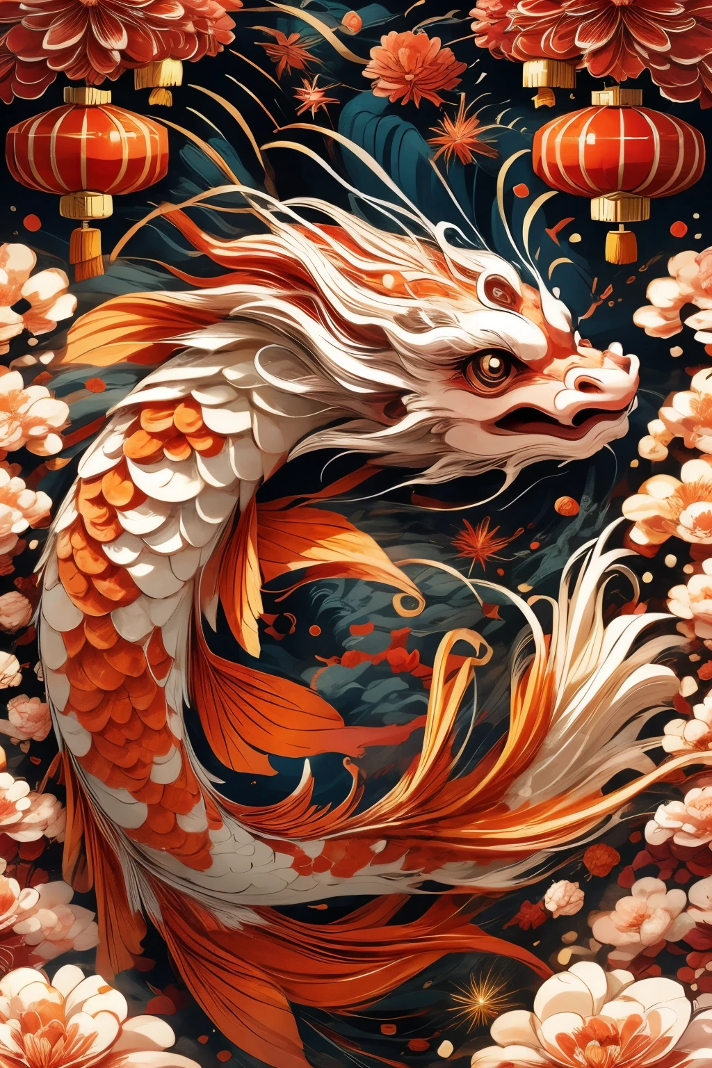 Koi fish surround cute chinese dragon, （（（Eyes are very delicate）））fireworks background，Chinese new year decoration，（（（four red lanterns）））（（（masterpiece）））， （（best quality））， （（intricate details））（8k）