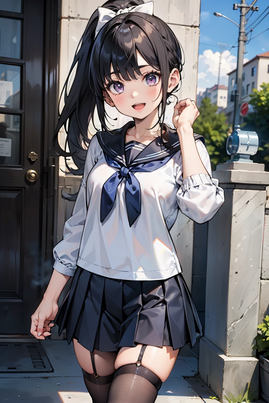 body 8 times longer than head, (Highly detailed CG unity 8k), （highest quality），（very detailed），（ultra high resolution）, black hair, High school girl wearing a navy sailor suit, Anime 2D rendering, realistic young anime high school girl, （White headband）, smile, purple eyes, small breasts, tall, slanted eyes, school scenery, black stockings, bright color, open your mouth a little, Dark blue skirt, ponytail, Tie your hair with a white ribbon,