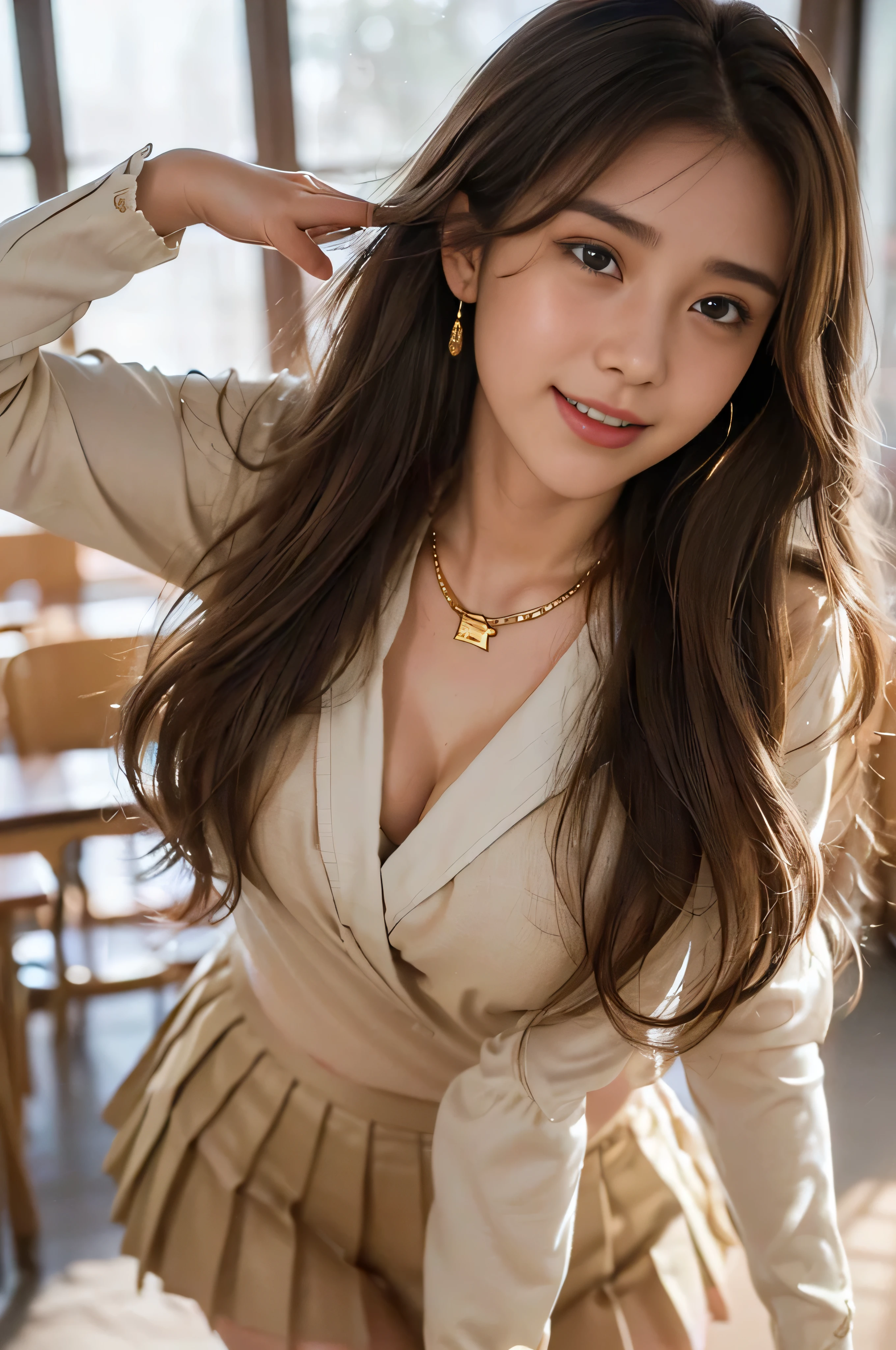 ((beautiful girl:1.3))((Super long brown hair:1.4)),((loosely wavy hair:1.3)),((gold necklace_big earrings:1.2))()(uniform:1.4)((panty shot:1.3))((university student)),((beige pleated mini skirt:1.3)),((beige long sleeve blouse)) ((inside the classroom:1.3)) ((thin_fabric:1.4)) (((random sexy pose:1.3)) ((sweaty:1.5))((face flushed:1.4)) ((medium breasts:1.4)) ((Close-up:1.2)) highest quality、masterpiece、ultra high resolution、(photorealistic:1.4)、Raw photo、(real skin texture:1.3)、(film grain:1.3)、panorama、character portrait、very wide shot、narrow waist、cowboy shot、(in the dark、deep shadow、moderate、in the cold light、)night、(())、flowing tears、dust、Tyndall effect、(expression),1girl,beautiful detailed eyes and face,white jabot,brown eyes,((brown hair:1.2)) ((whole body:1.3)) ((shy smile:1.3))