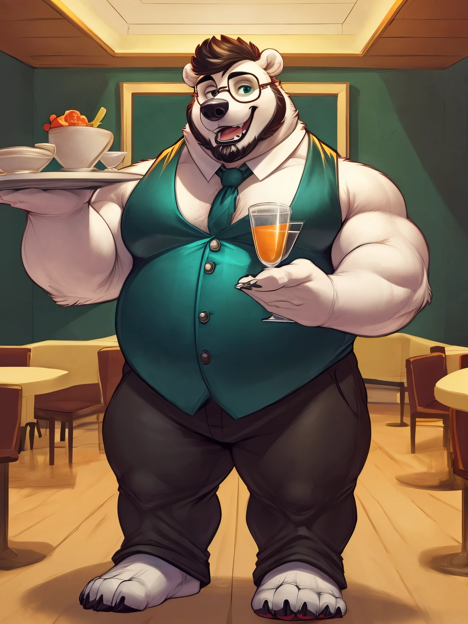 Marlon cores, polar bear, square glasses, chubby, brown dutch beard:1.2, happy, waiter attire:1.2, dark teal vest, dark teal tie, black pants, tall, chubby, crew cut haircut, room service