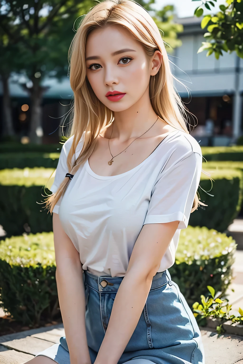 excellent anatomy, table top, highest quality, 4K, 8K, professional photography, soft light, sharp focus, popular garden, 1 girl, evening,Hands-on Shopping Bag,A breeze blows through,Fallen leaves,blonde hair, shirt, long skirt,flipflops,blonde hair, Bank spin-offs, detailed face+brown eyes, is playing happily,a little drunk,face turns red,Tsundere, beauty mole,lipstick, necklace, big breasts,