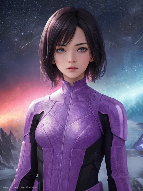 (highres, best quality:1.2), 1girl, upper body, masterpiece, nagato Yuki, standing, guardians of the Galaxy, solo, short hair, amber eyes, serious, ((lilac human skin color)), sci-fi assassin, ((photo)), 8k, age girl, starry sky