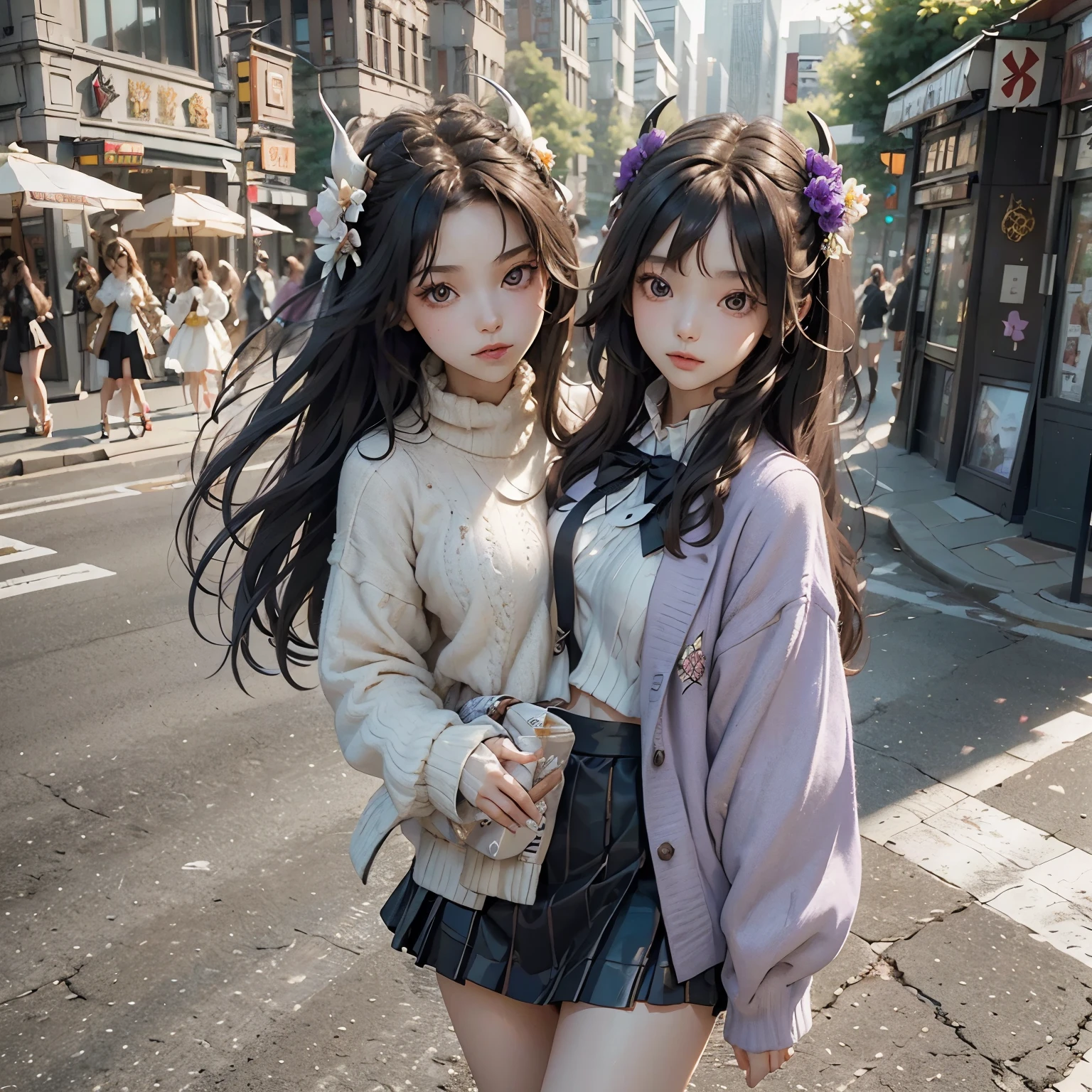masterpiece, best quality, highres, hmsl1, horned headwear, hair flower, x hair ornament, white sweater, purple jacket, flower, long sleeves, open clothes, black bow, sleeves past wrists, skirt, cowboy shot, outdoors, street, standing, (two heads)