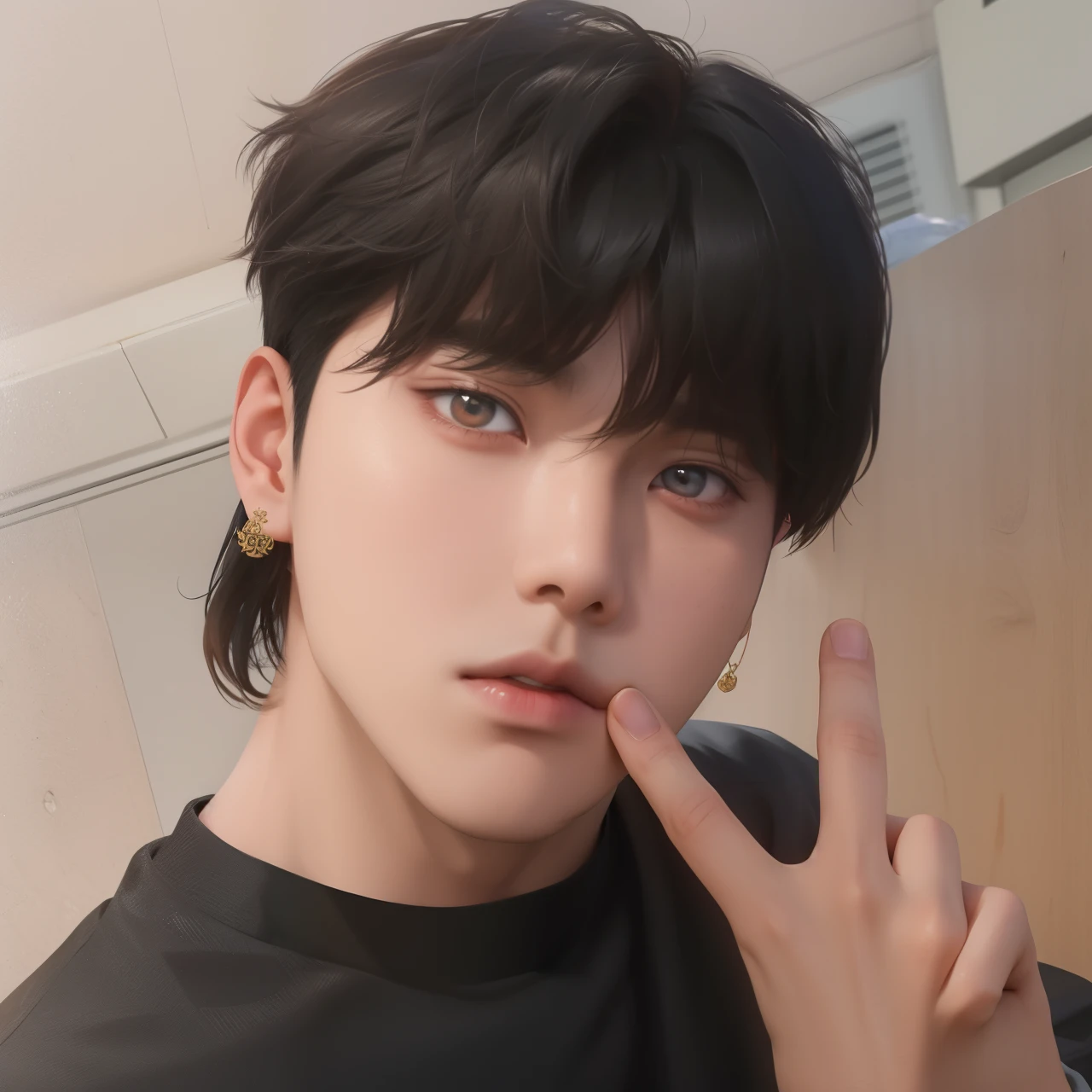 hay un joven con una camisa negra haciendo un signo de la paz, cai xukun, Jinyoung Shin, jungkook, kim doyoung, hyung tae, hong junio hyung, sakimichan, yoongi de pelo negro, 1 7-year-old boy with a thin face, taken in the early 2020s, sakimimichan, yanjun chengt, bts jungkook, jungkook, jungkook bts, korean boy, korean male, korean face