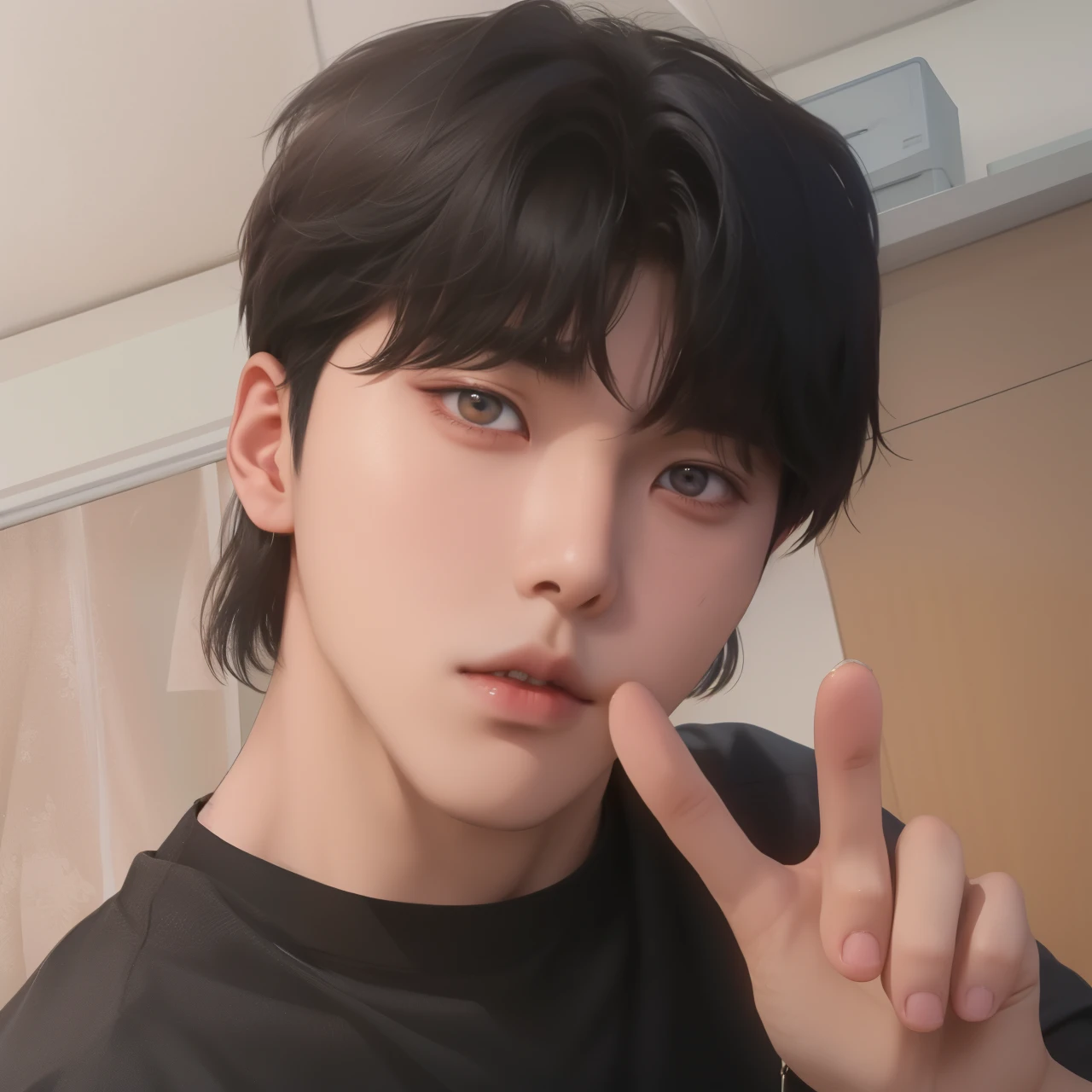 hay un joven con una camisa negra haciendo un signo de la paz, cai xukun, Jinyoung Shin, jungkook, kim doyoung, hyung tae, hong junio hyung, sakimichan, yoongi de pelo negro, 1 7-year-old boy with a thin face, taken in the early 2020s, sakimimichan, yanjun chengt, bts jungkook, jungkook, jungkook bts, korean boy, korean male, korean face