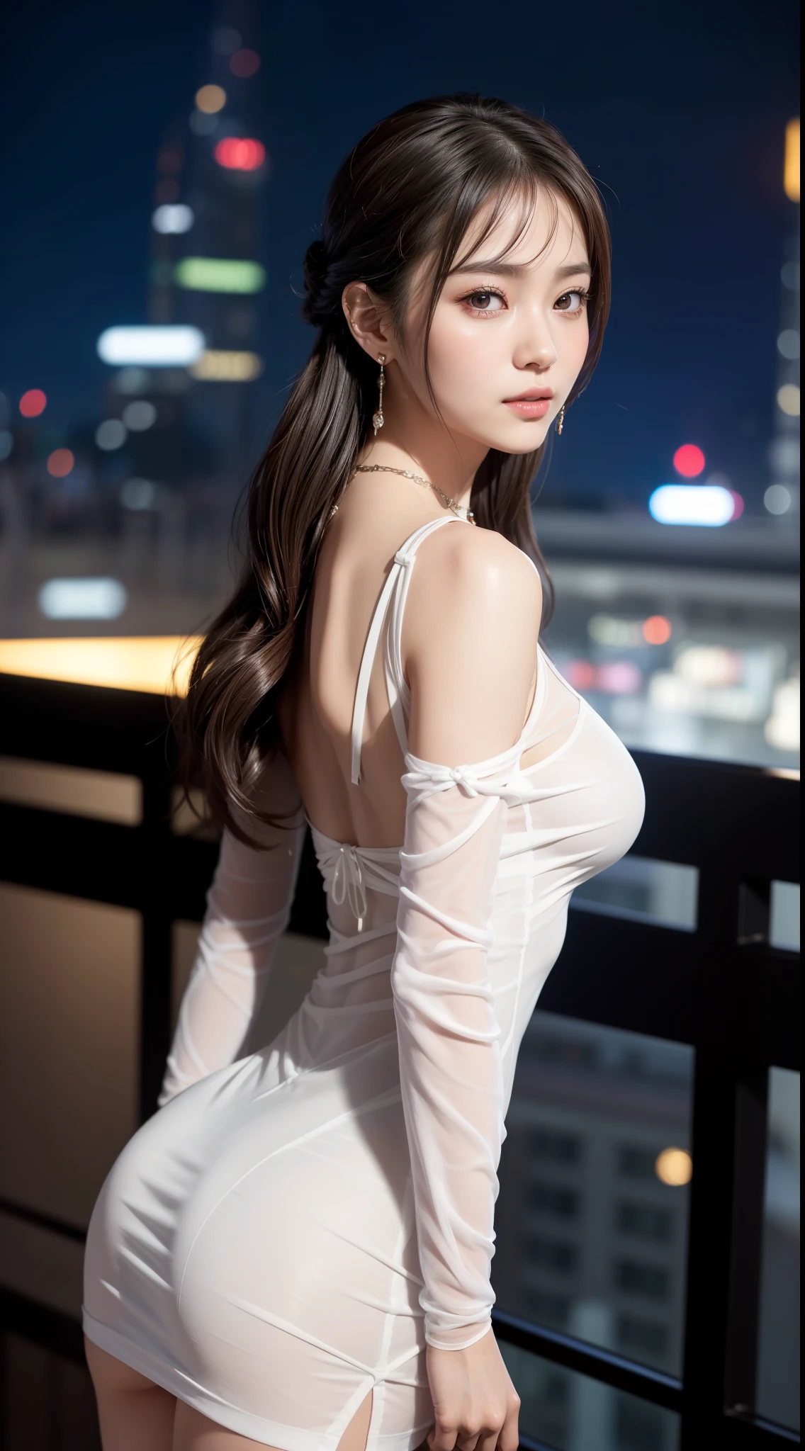 8k, masterpiece, RAW photo, best quality, detail:1.2),photorealistic, extremely detailed CG unity 8k wallpaper, Depth of field, Cinematic Light, Lens Flare, Ray tracing, (extremely beautiful face, beautiful lips, beautiful eyes), intricate detail face, ((ultra detailed skin)) 1girl, in the dark, deep shadow, pretty korean girl, kpop idol,(very slim slender fit-muscled body:1.3), ((looking at viewer)),(big smile), (tight mini dress), (shot sleeve) , (city night, (neon sign), dim lights, rooftop, veranda, (night), pretty korean girl, earrings, bracelets, necklace, pantyhose, clear eyes, walking , (pale skin), face forward, (big eyes), ((upper body shot)), tight-fitting dress, silk dress, laced dress, (see through dress), turning back, back shot, very slim, slander, updo hair, silver color dress, tight ultra mini skirt巨大的乳房、露出胸部、露出乳房、巨大的胸部，巨大的乳房、露出胸部、露出乳房、巨大的胸部，巨大的乳房、露出胸部、露出乳房、巨大的胸部，巨大的乳房、露出胸部、露出乳房、巨大的胸部，巨大的乳房、露出胸部、露出乳房、巨大的胸部，