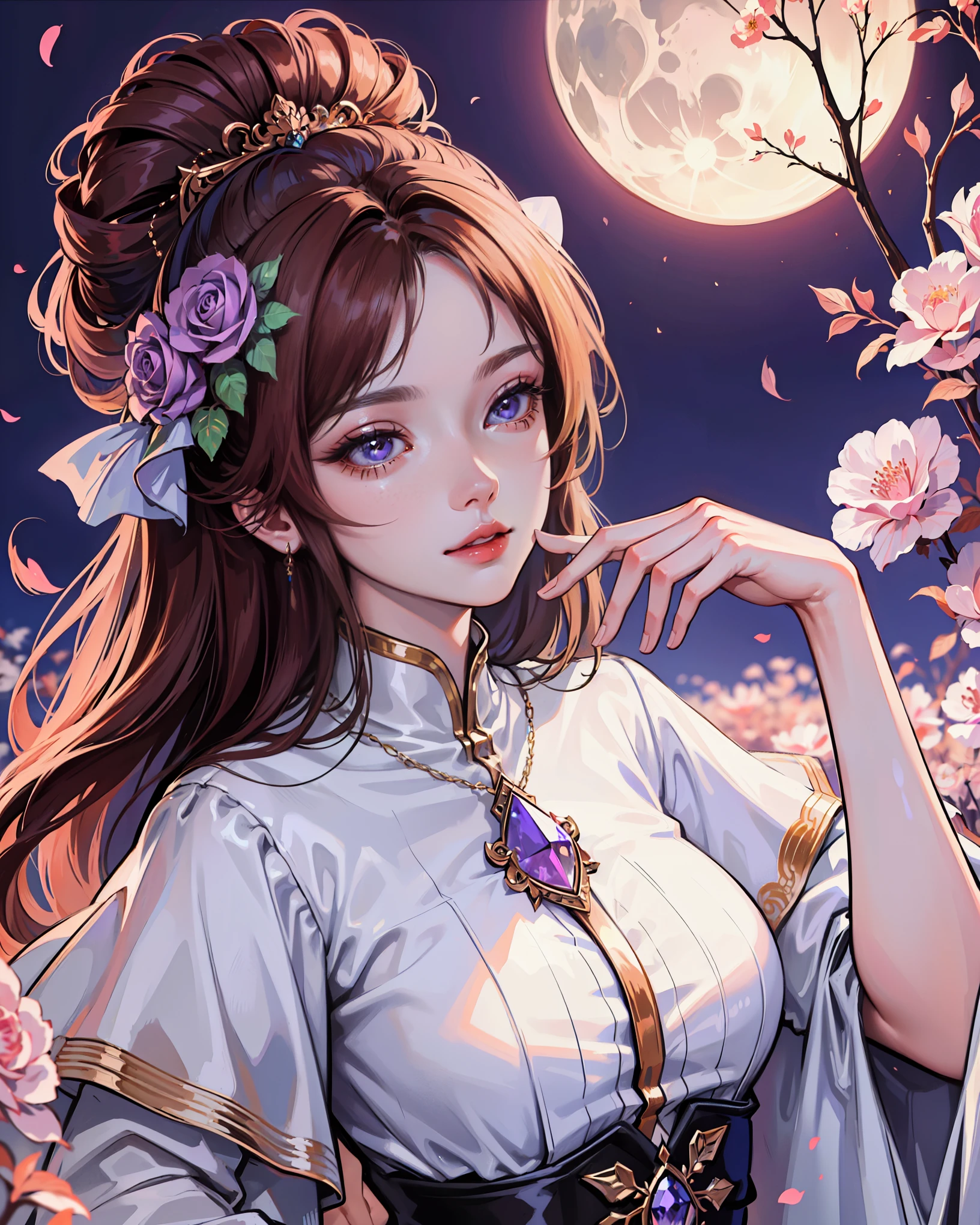 tmasterpiece，Highest high resolution，((themoon))，Dynamic bust of a beautiful aristocratic maiden，elegantly coiled brown chestnut hair，Purple clear eyes，Hair is covered with beautiful and delicate floral craftsmanship, Crystal Jewelry Filigree，Ultra-detailed details，upscaled，The Earth Rises。