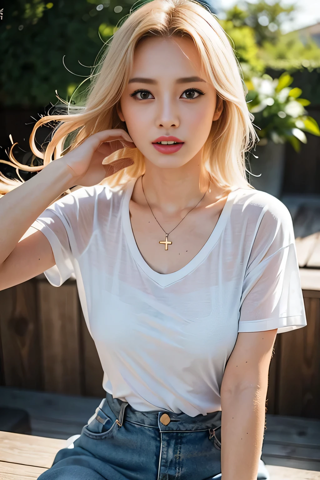 excellent anatomy, table top, highest quality, 4K, 8K, professional photography, soft light, sharp focus, popular garden, 1 girl,  evening，Hands-on Shopping Bag，A breeze blows through，Fallen leaves，blonde hair, shirt, long skirt，flipflops，blonde hair, Bank spin-offs, detailed face+brown eyes, is playing happily，a little drunk，face turns red，Tsundere, beauty mole，lipstick, necklace, big breasts，